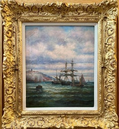 Barche da pesca inglesi del XIX secolo al largo della costa inglese presso il Castello di Dover, Kent