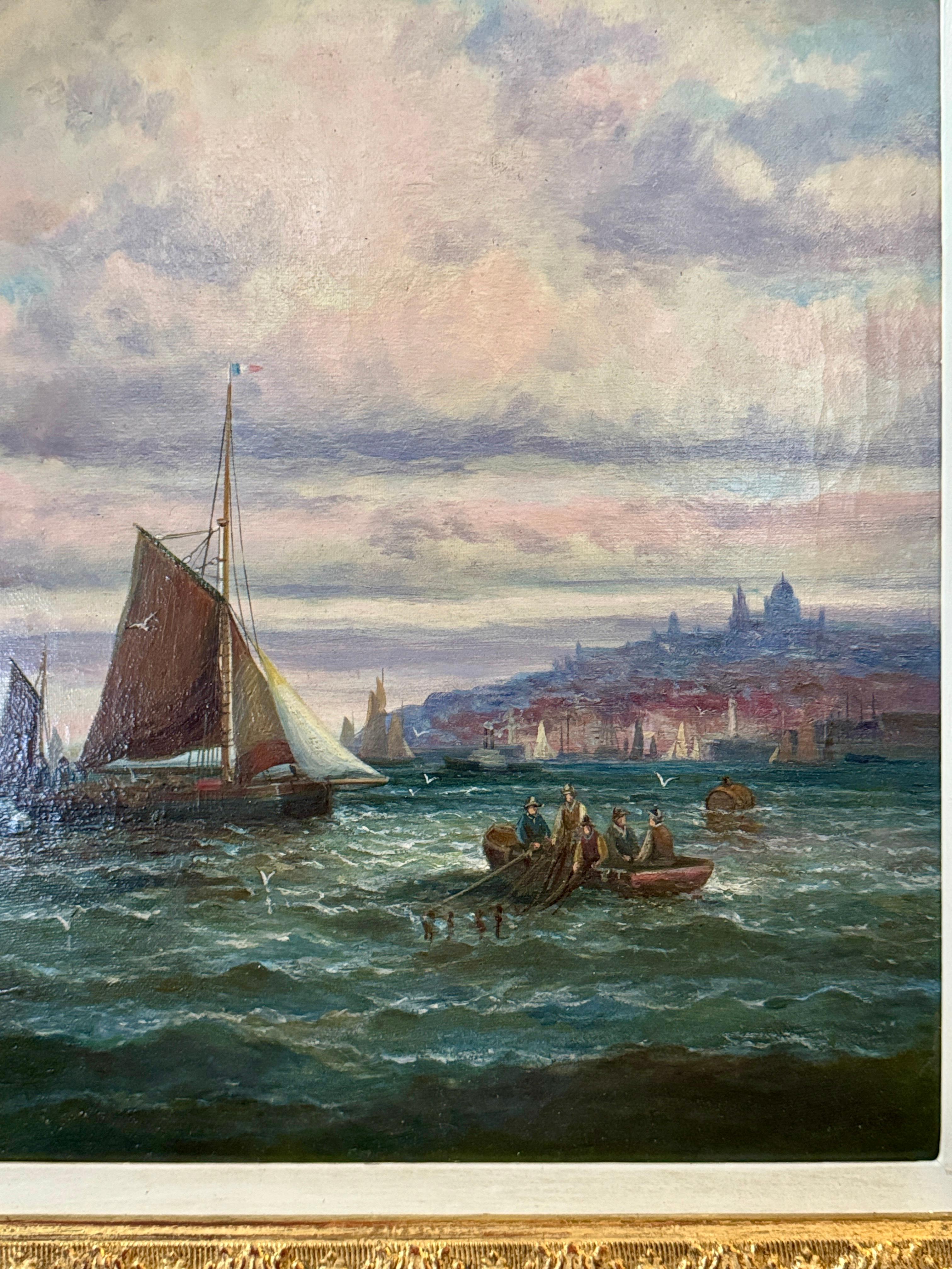 Englische Fischerboote aus dem 19. Jahrhundert vor der französischen Küste bei Boulogne-sur-Mer – Painting von William Thornley