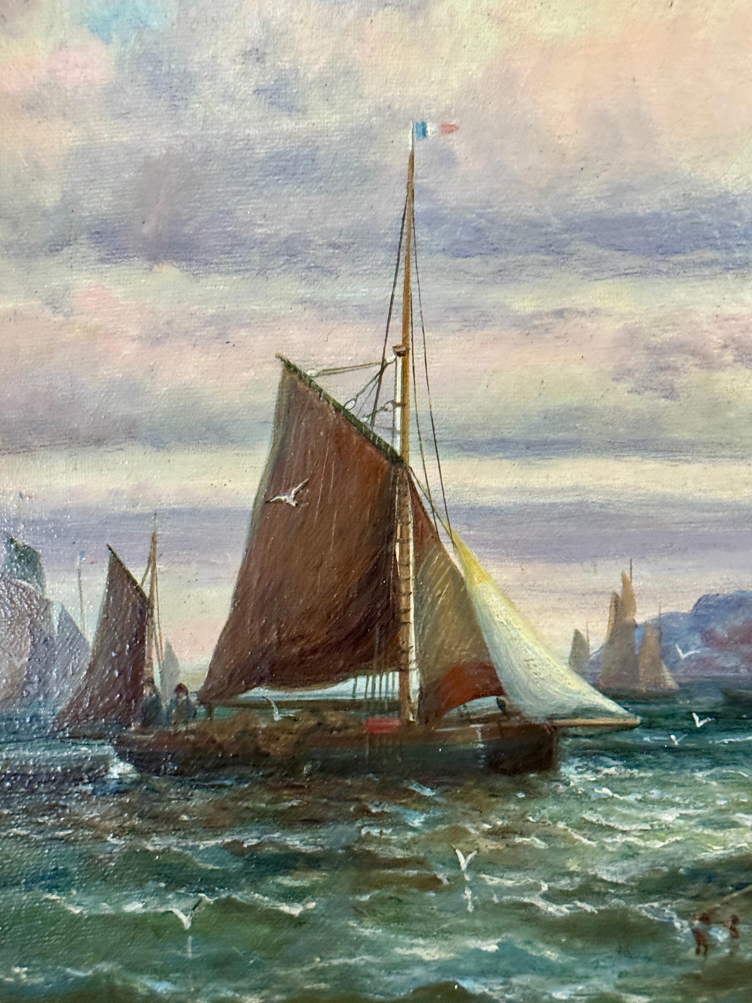 Englische Fischerboote aus dem 19. Jahrhundert vor der französischen Küste bei Boulogne-sur-Mer (Viktorianisch), Painting, von William Thornley