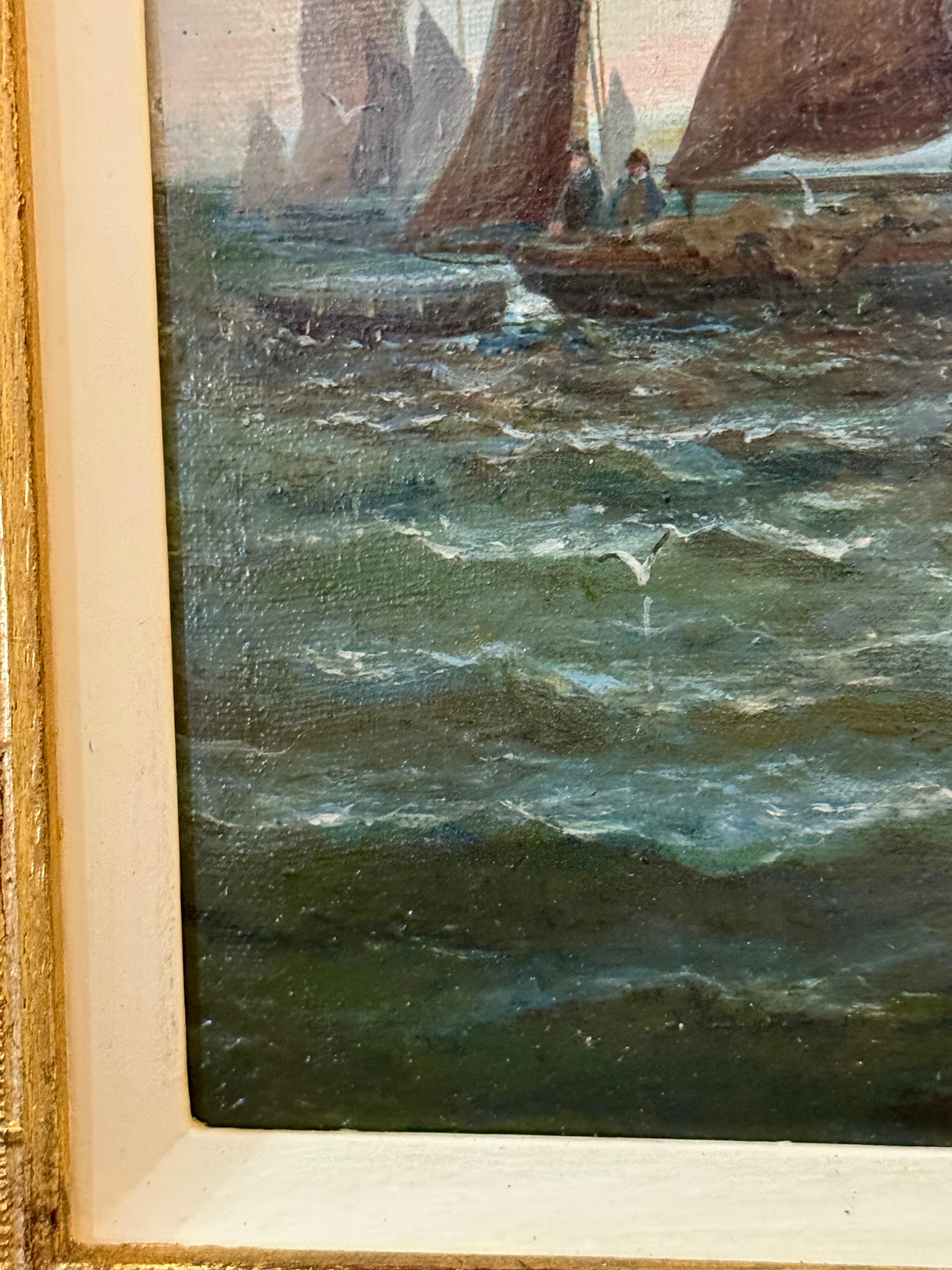 Englische Fischerboote aus dem 19. Jahrhundert vor der französischen Küste bei Boulogne-sur-Mer (Braun), Figurative Painting, von William Thornley