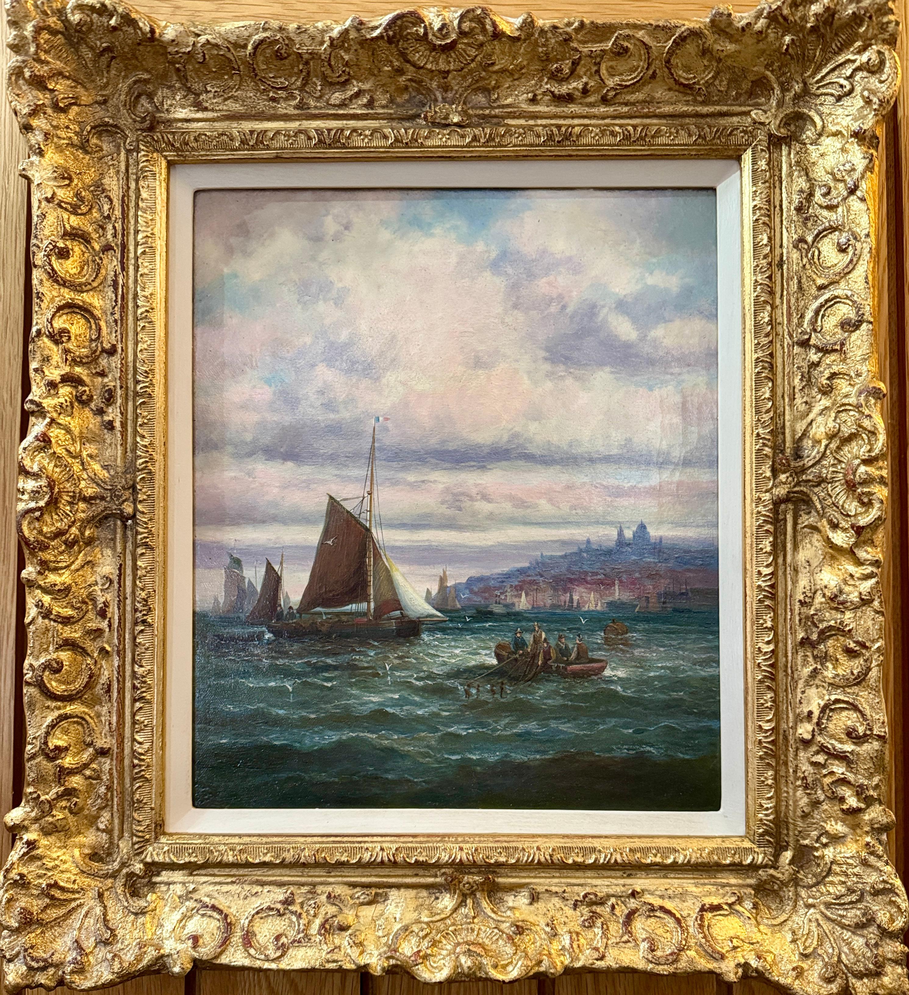 Barche da pesca inglesi del XIX secolo al largo della costa francese vicino a Boulogne-sur-Mer