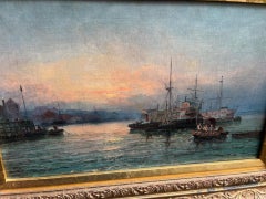 Dipinto a olio di Marin del XIX secolo vittoriano con barche a vapore e a vela al crepuscolo