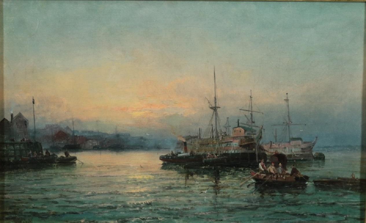 Viktorianisches Marine-Ölgemälde des neunzehnten Jahrhunderts mit Dampf- und Segelbooten in der Abenddämmerung