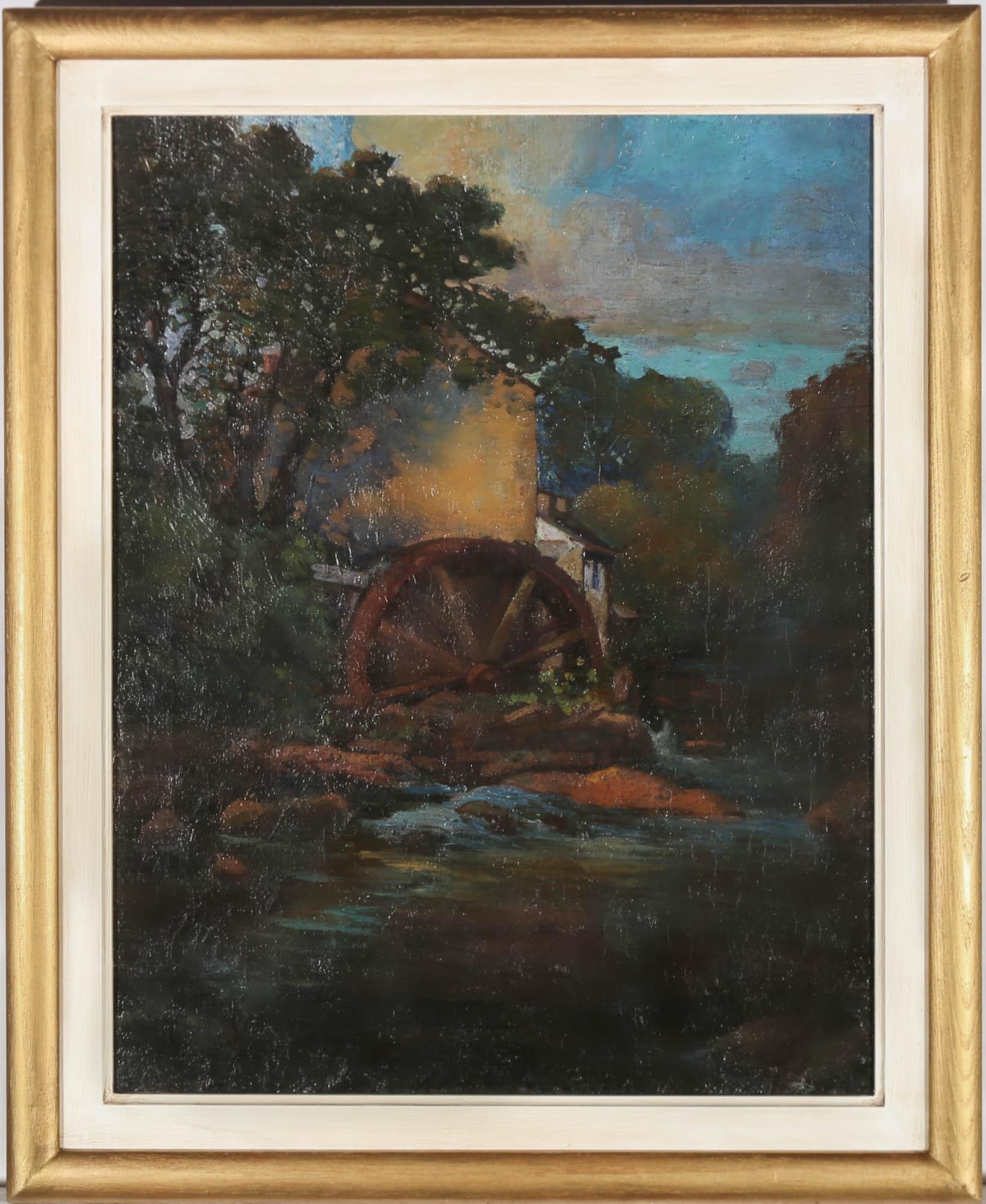 Esta encantadora escena de un molino de agua, realizada por el pintor británico William Thornton Brocklebank, está plasmada al óleo con gran riqueza pictórica. Firmado en la parte inferior derecha. Bien presentado en un marco dorado pintado y engobe
