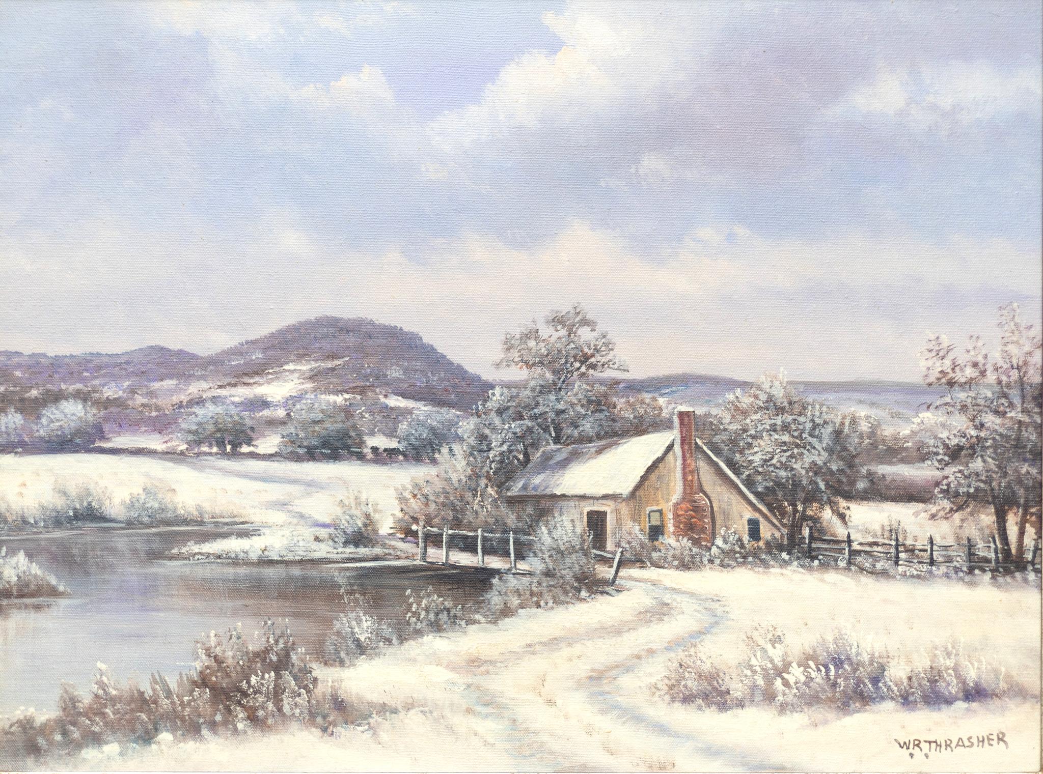 William Thrasher Landscape Painting - "Winter Landscape with Cabin" Nature Western Snow Holiday Hills Mountains Pond