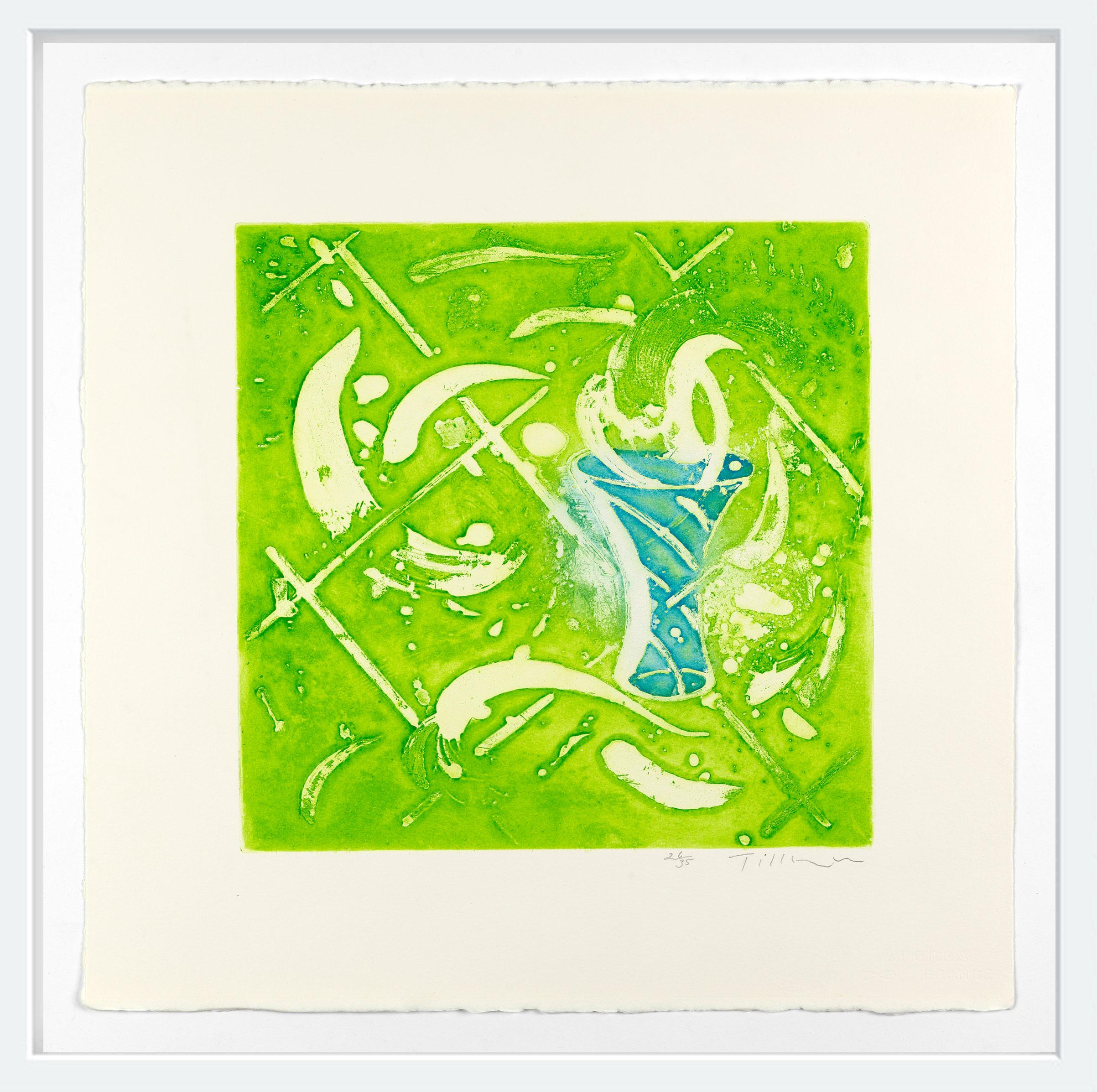 Suite Scalby - Vase et ensemble bleu sur vert - Print de William Tillyer