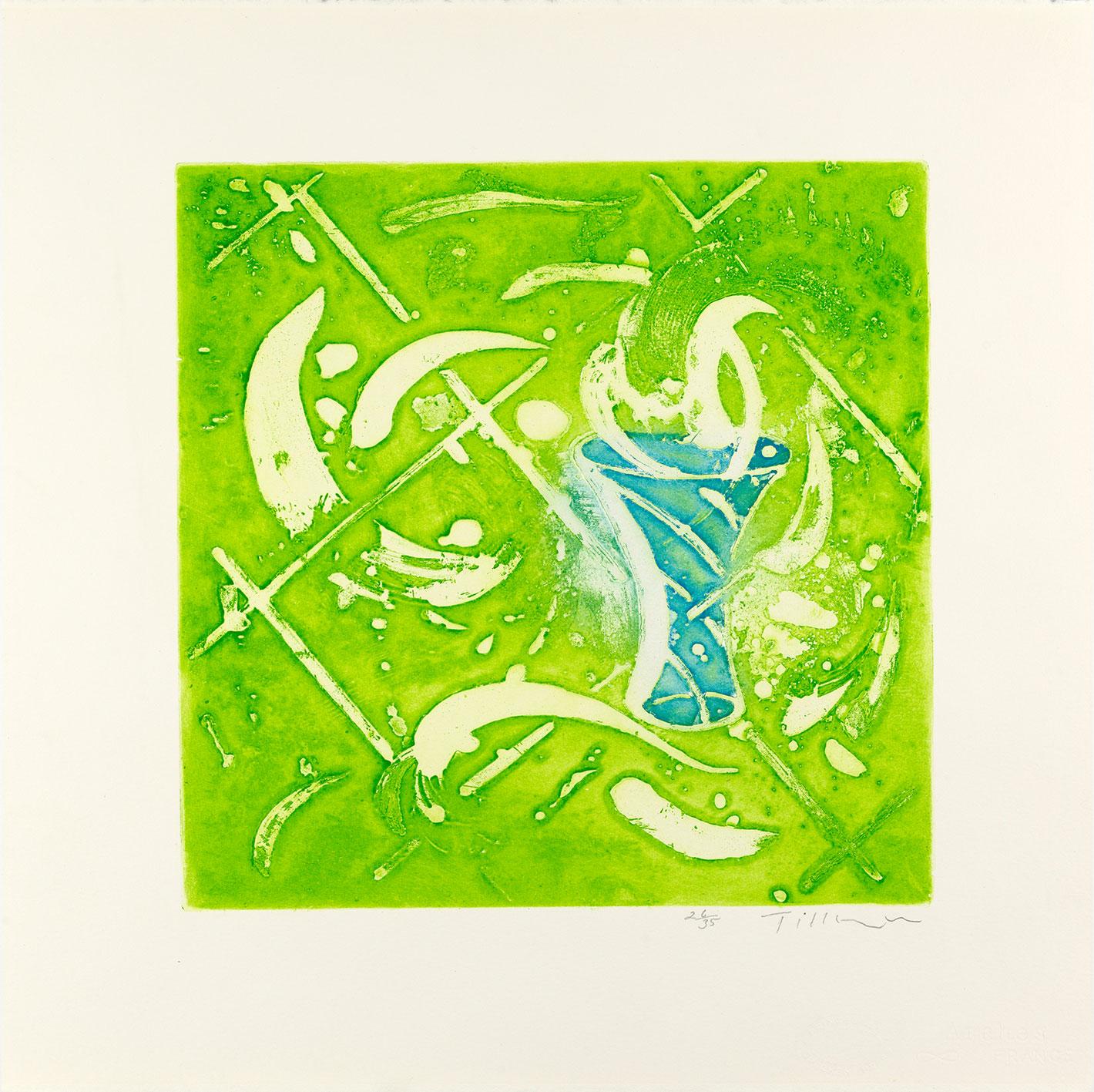 Figurative Print William Tillyer - Suite Scalby - Vase et ensemble bleu sur vert