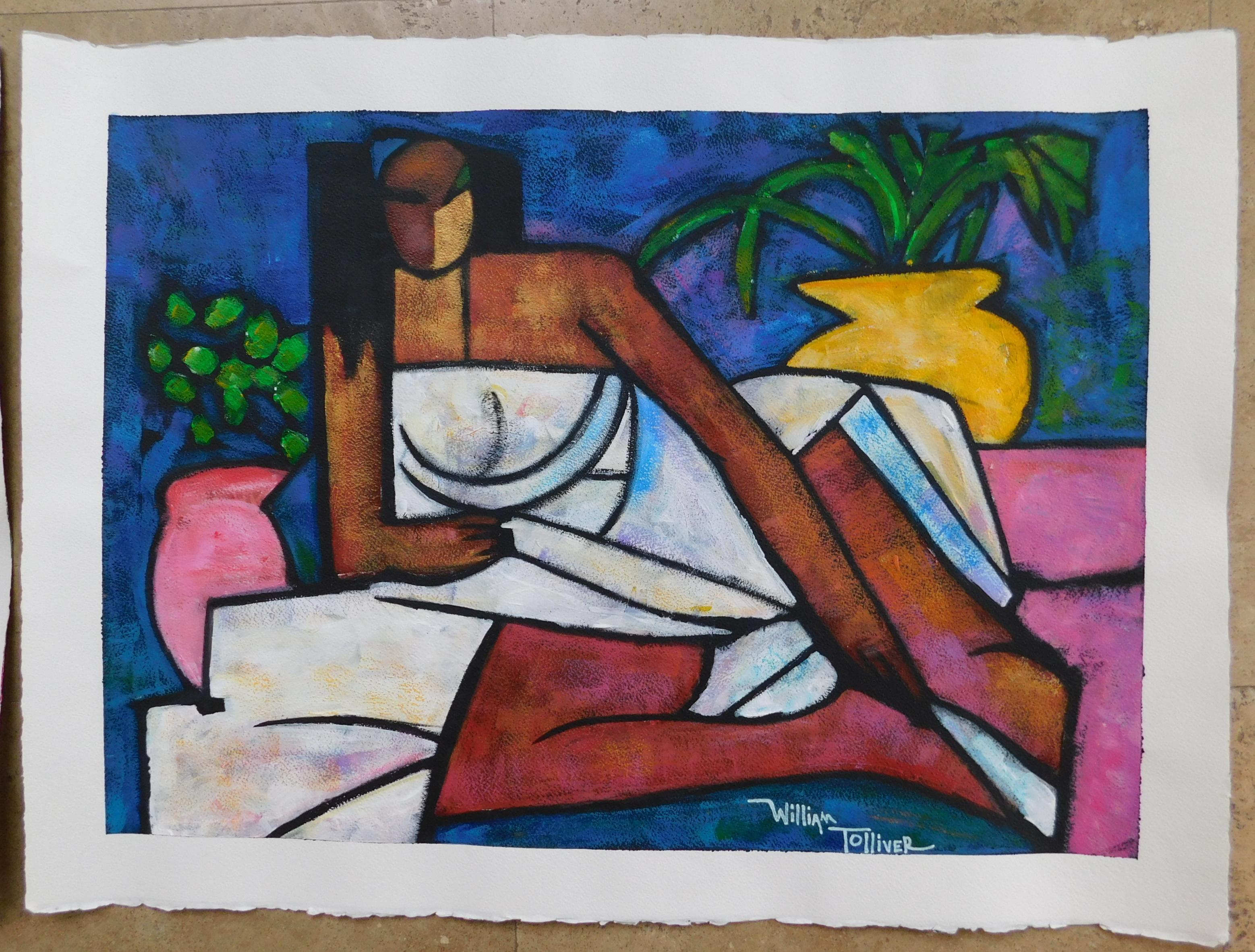 Acrylic on Arches Paper by the incredibly talented mostly self-taught African American
William Tolliver (American/Louisiana 1951-2000).
Reclining Woman. Image: 18 3/4 x 26 3/8. Full Sheet: 22 ½ x 30.
Signed lower right. Circa 1990's. Draped Female