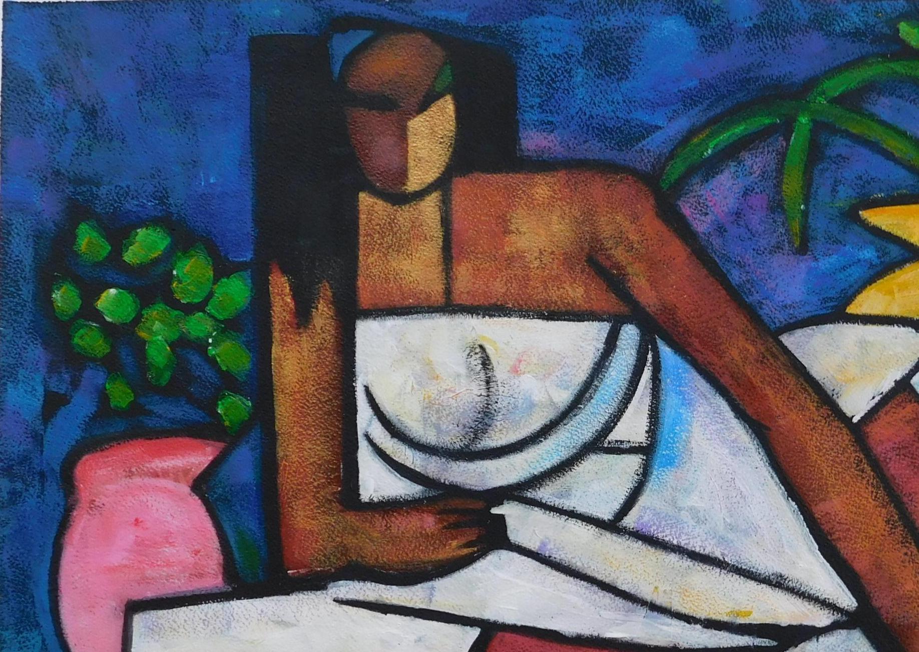 Painted William Tolliver Louisiana Artist Acrylic on Paper, Ca. 1990's - Reclining Woman For Sale
