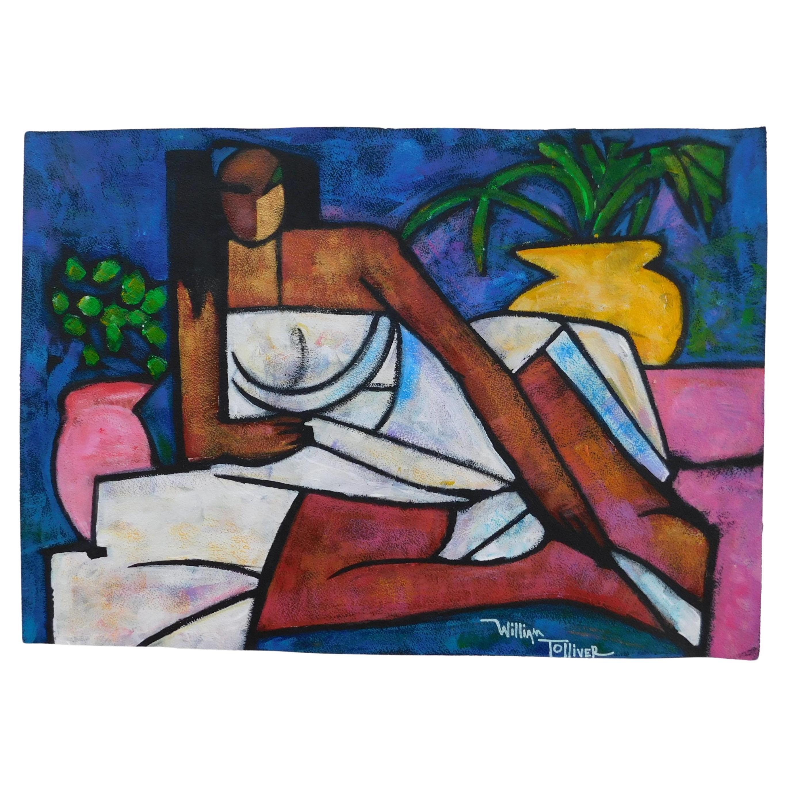 William Tolliver Louisiana Artist Acrylic on Paper, Ca. 1990's - Reclining Woman For Sale