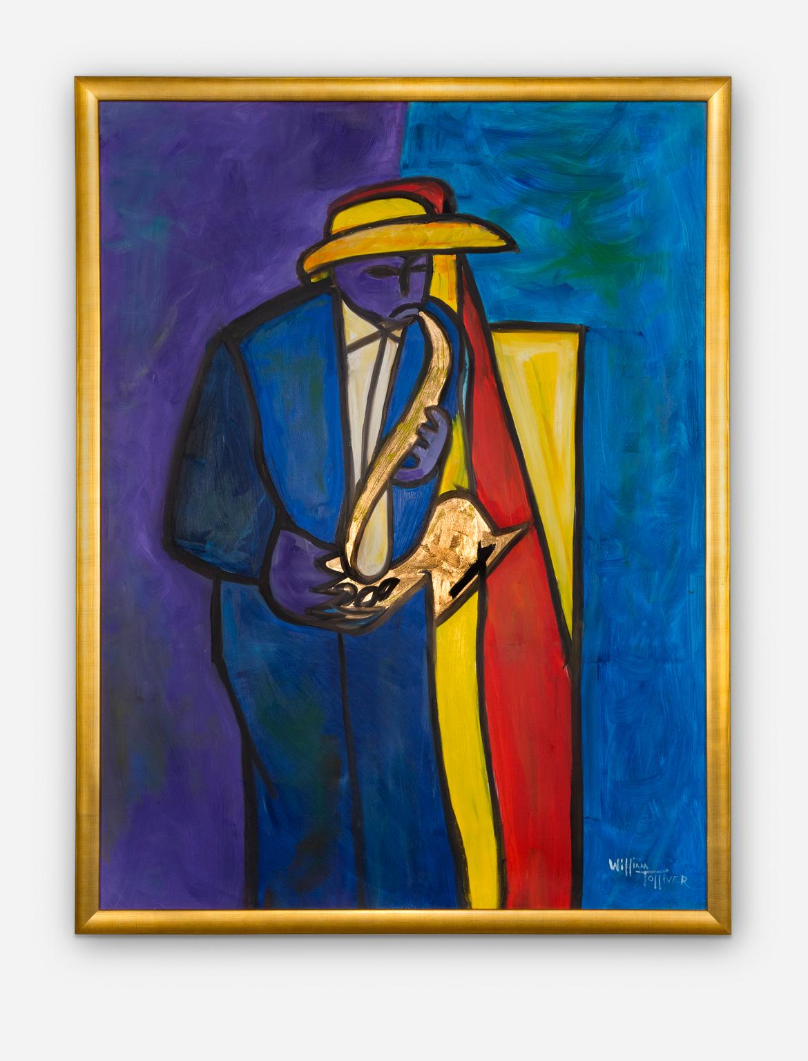 William Tolliver Abstract Painting - "Man With Saxophone" Abstract, Figurative, Colorful, Musician, African American