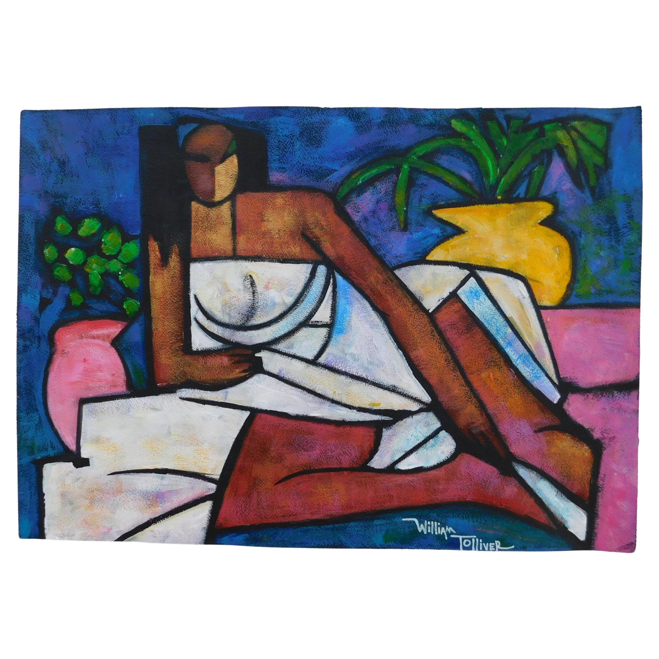Acrylique sur papier Arches par l'Afro-Américain incroyablement talentueux et surtout autodidacte.
William Tolliver (Américain/Louisiane 1951-2000).
Femme couchée. Image : 18 3/4 x 26 3/8. Feuille complète : 22 ½ x 30.
Signé en bas à droite. Vers