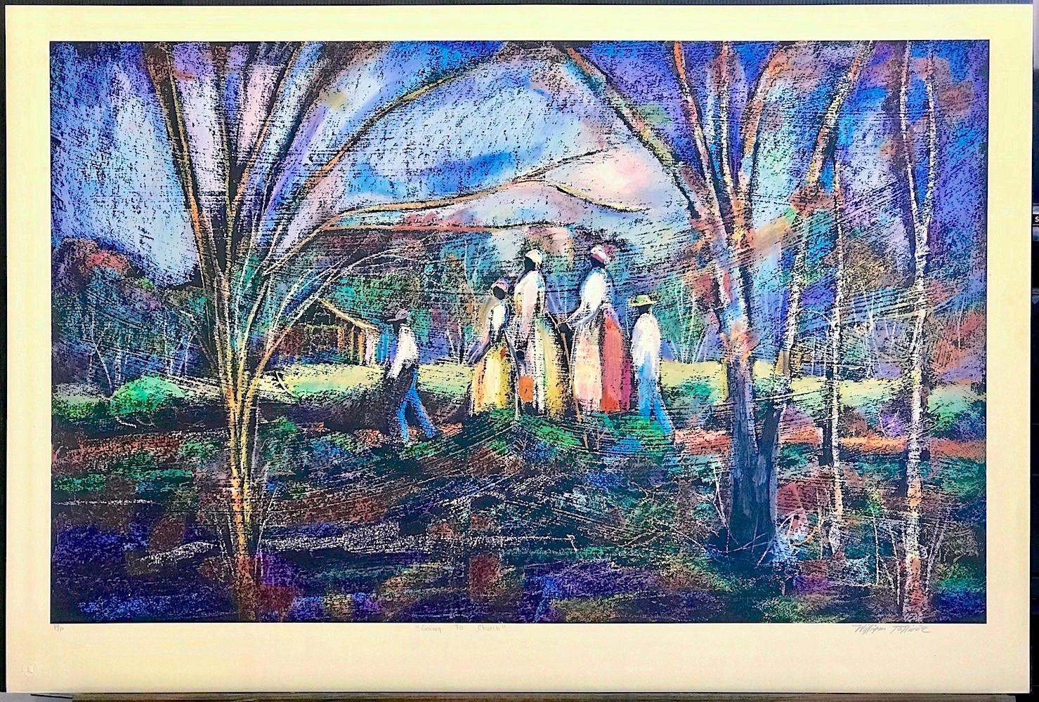 GOING TO CHURCH Signed Lithograph, Southern Landscape, African American Heritage - Black Portrait Print by William Tolliver