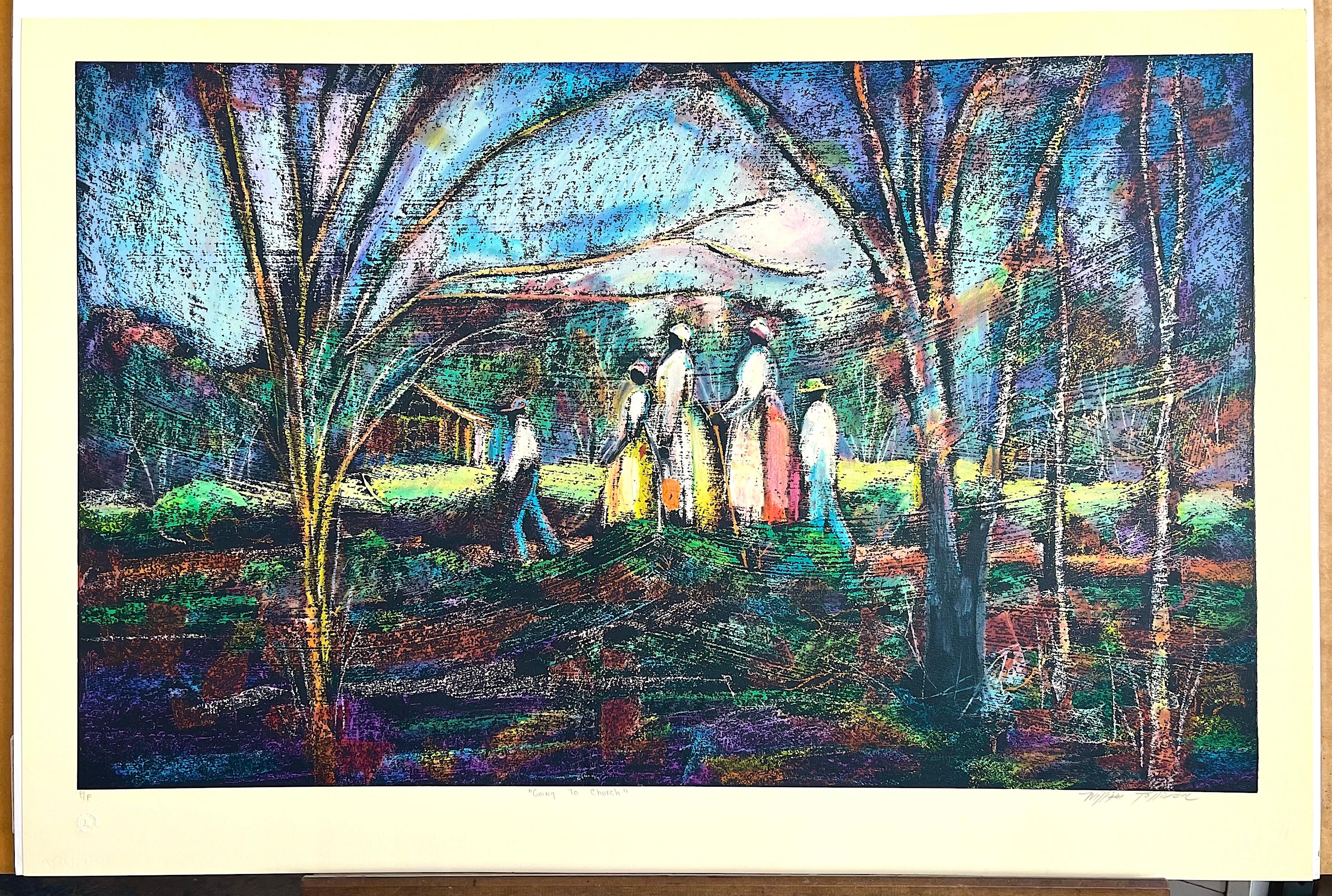 ANDARE IN CHIESA Litografia firmata, paesaggio del sud, eredità afroamericana in vendita 3