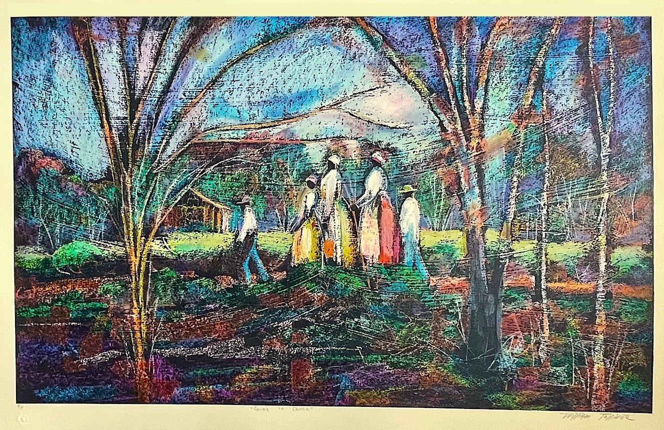 GOING TO CHURCH Signierte Lithographie, Südstaatenlandschaft, African American Heritage