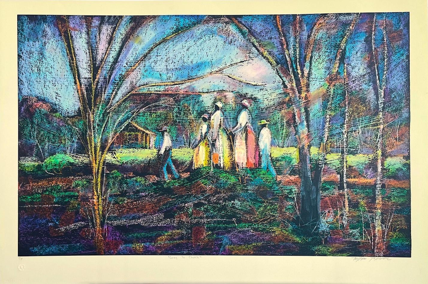 Landscape Print de William Tolliver - IR A LA IGLESIA Litografía firmada, Paisaje sureño, Herencia afroamericana