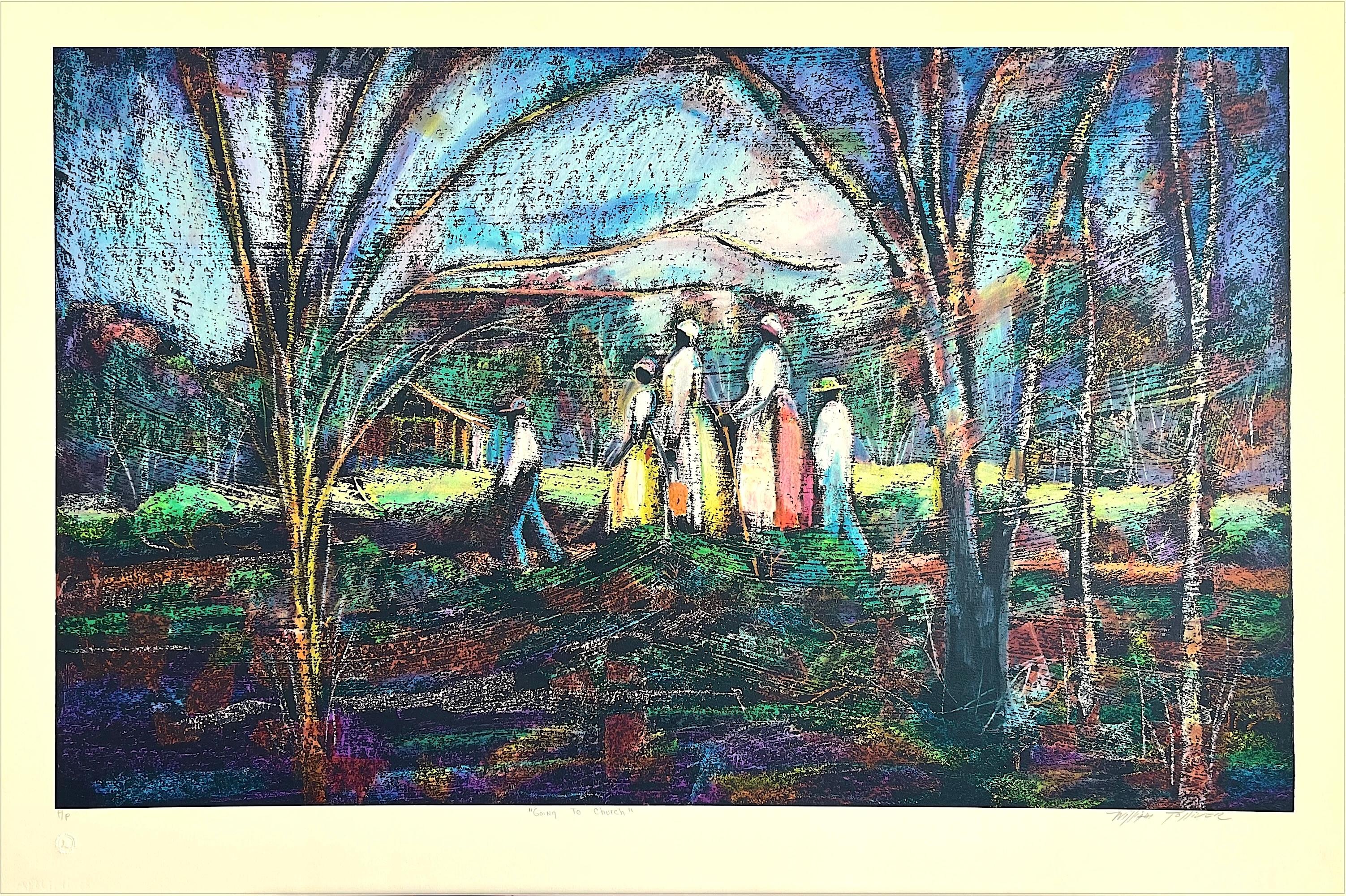 Landscape Print di William Tolliver - ANDARE IN CHIESA Litografia firmata, paesaggio del sud, eredità afroamericana