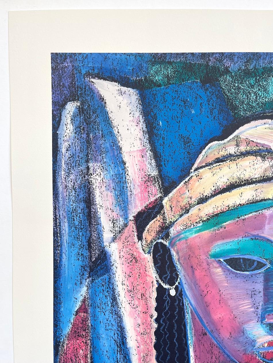 BELLEZA NATURAL Litografía firmada Retrato abstracto en color Mujer negra Florero - Portrait Print Azul de William Tolliver