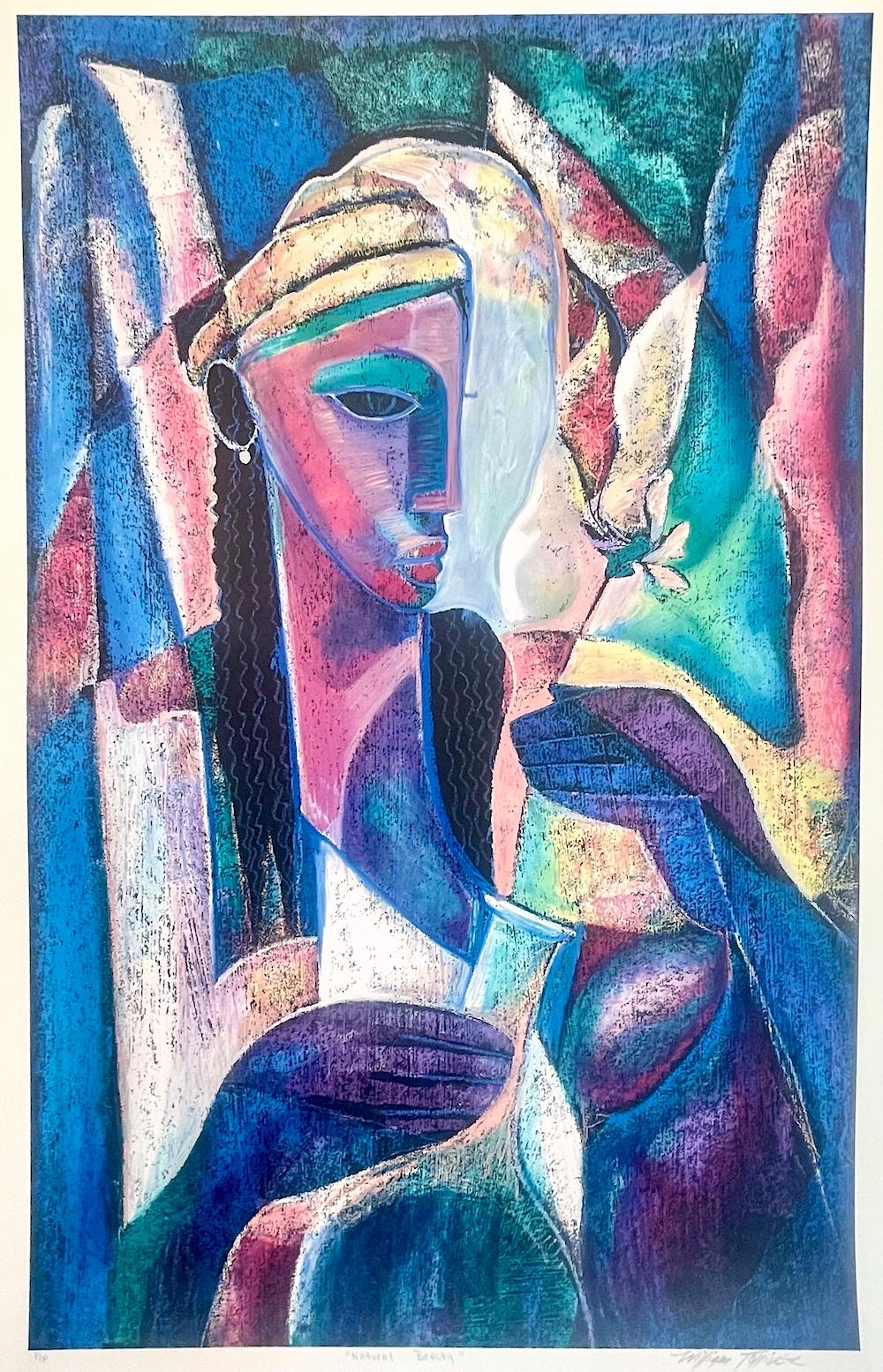 BELLEZA NATURAL Litografía firmada Retrato abstracto en color Mujer negra Florero - Print de William Tolliver