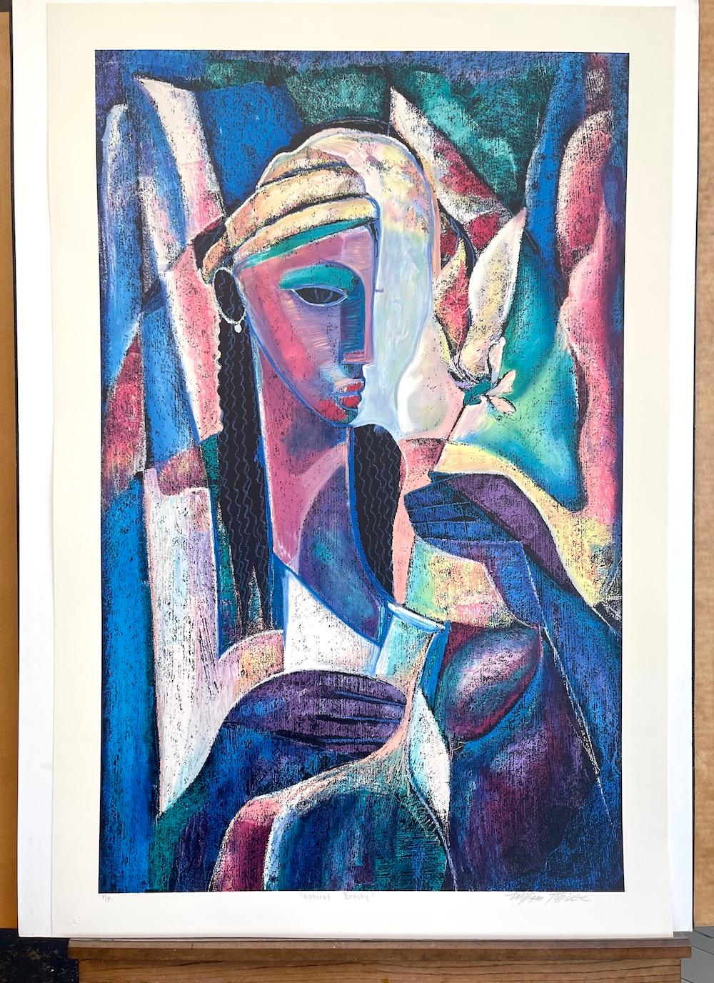 NATURAL BEAUTY Signed Lithograph Abstract Color Portrait Black Woman Flower Vase - Blue Portrait Print by William Tolliver