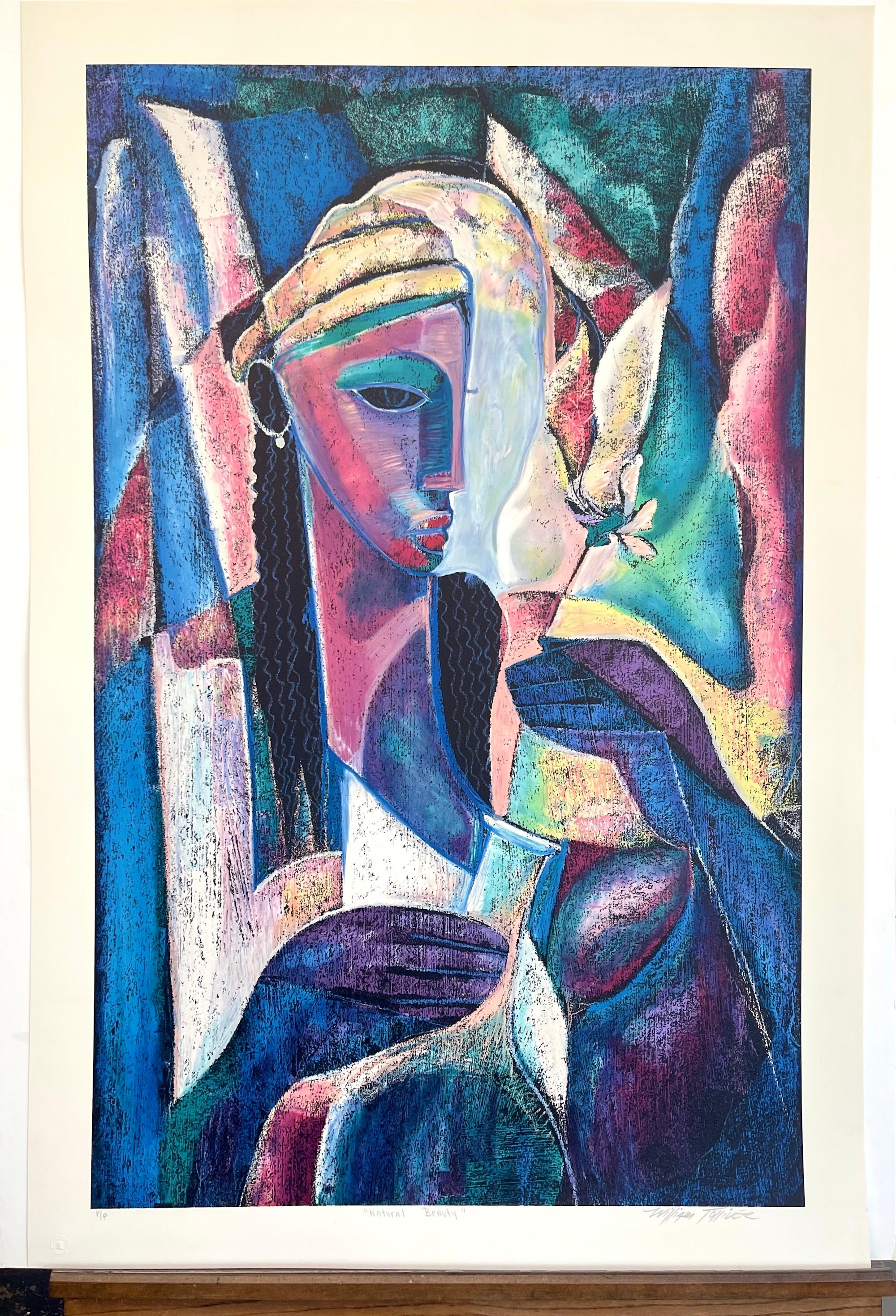 BEAUTÉ naturelle, lithographie abstraite couleur portrait de femme noire à fleurs en vente 3