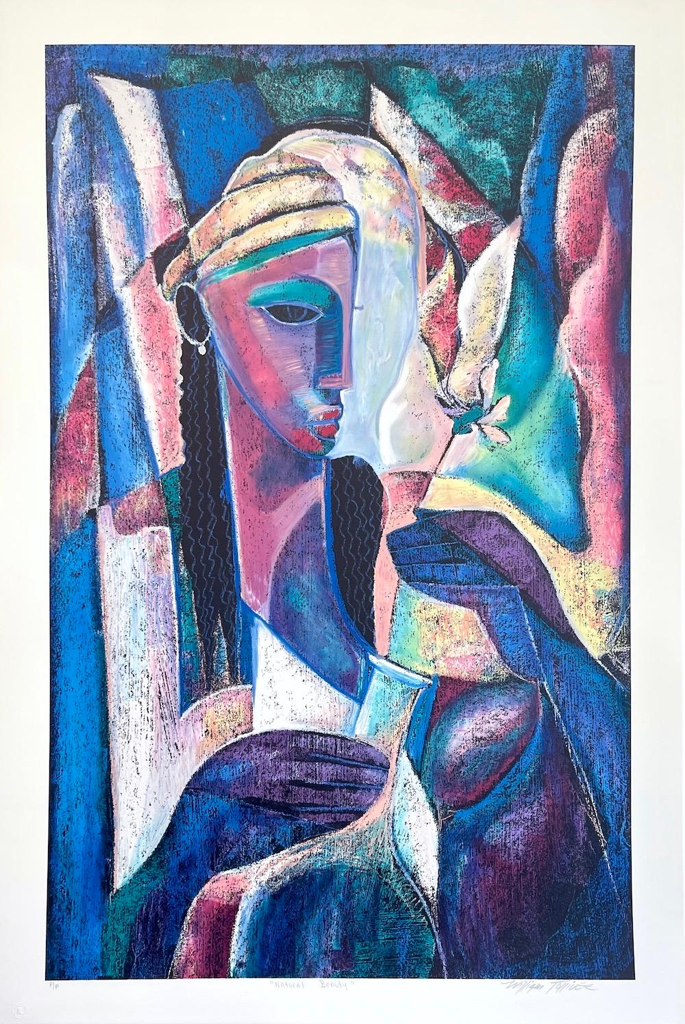 Portrait Print de William Tolliver - BELLEZA NATURAL Litografía firmada Retrato abstracto en color Mujer negra Florero