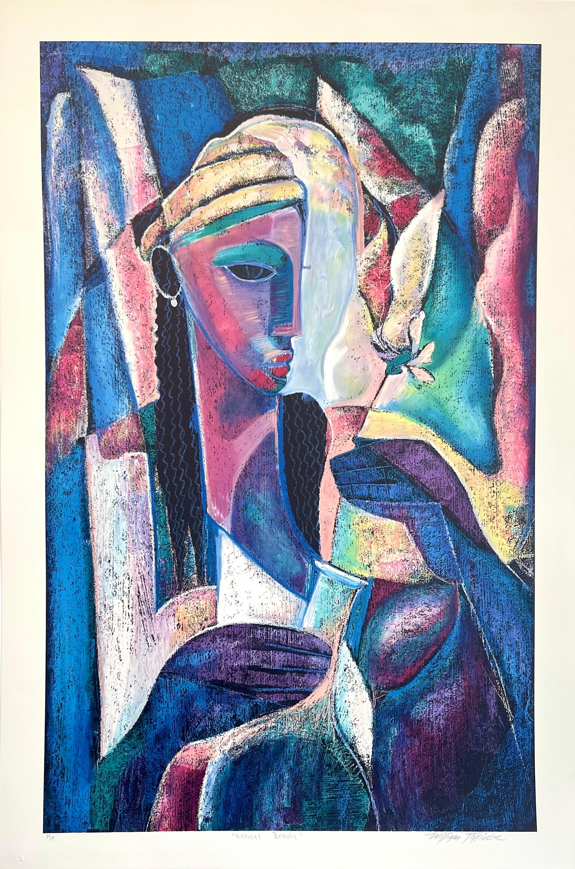 Portrait Print William Tolliver - BEAUTÉ naturelle, lithographie abstraite couleur portrait de femme noire à fleurs