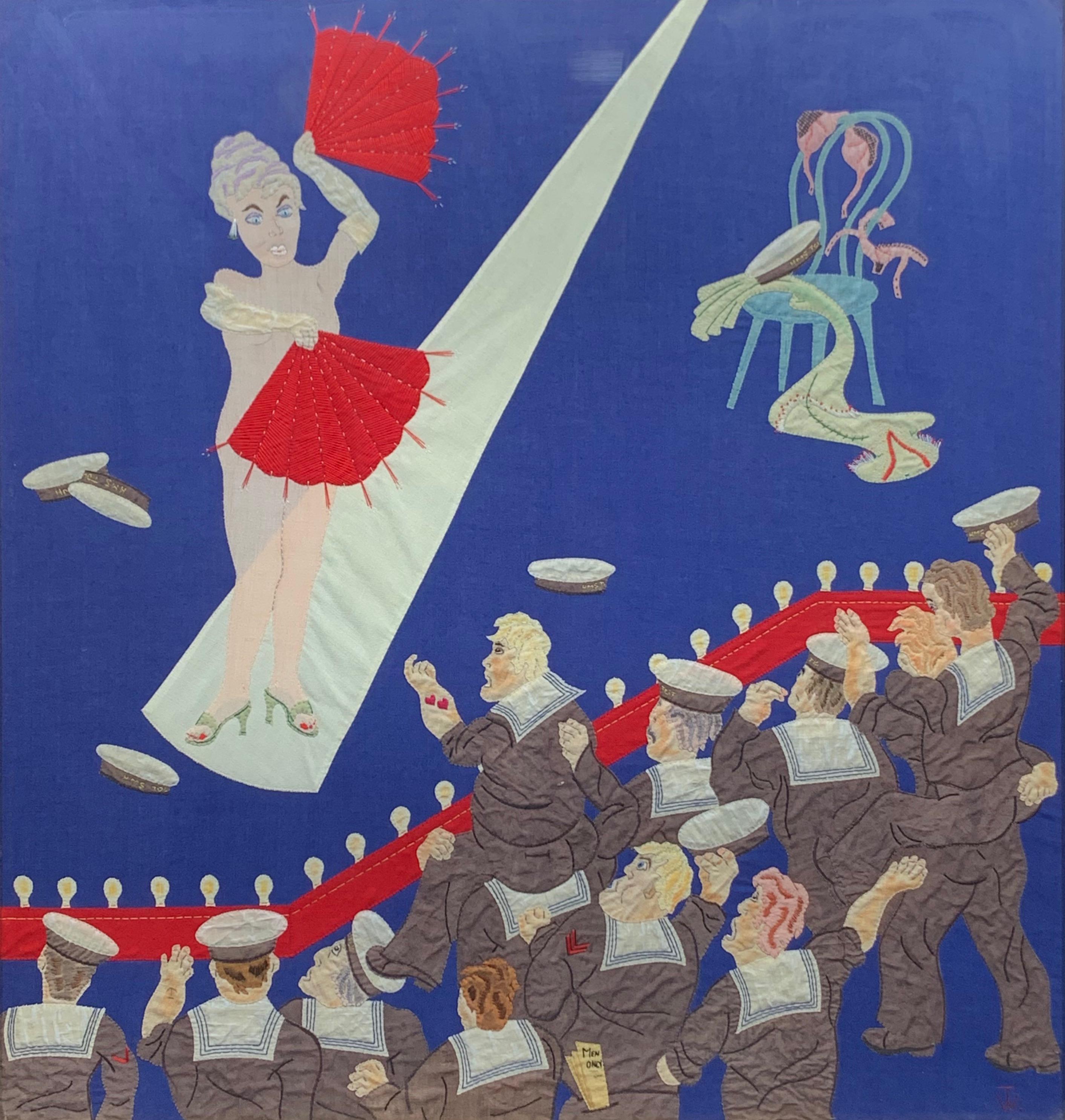 The Force's Favorite (embroidered Folk Art Sailors & Fan Dancer stripper panel) - Mixed Media Art by William Towers 