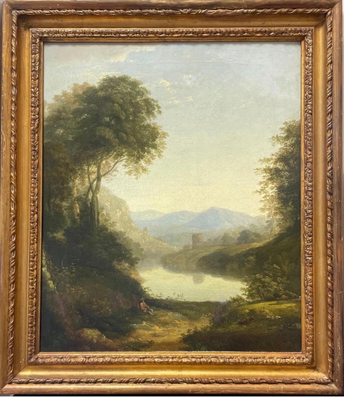 Pregevole dipinto a olio originale del 1800 Figura in un paesaggio arcadico Luce dorata - Painting di William Traies
