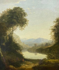 Belle peinture à l'huile originale des années 1800 représentant un paysage arcadien à la lumière d'or