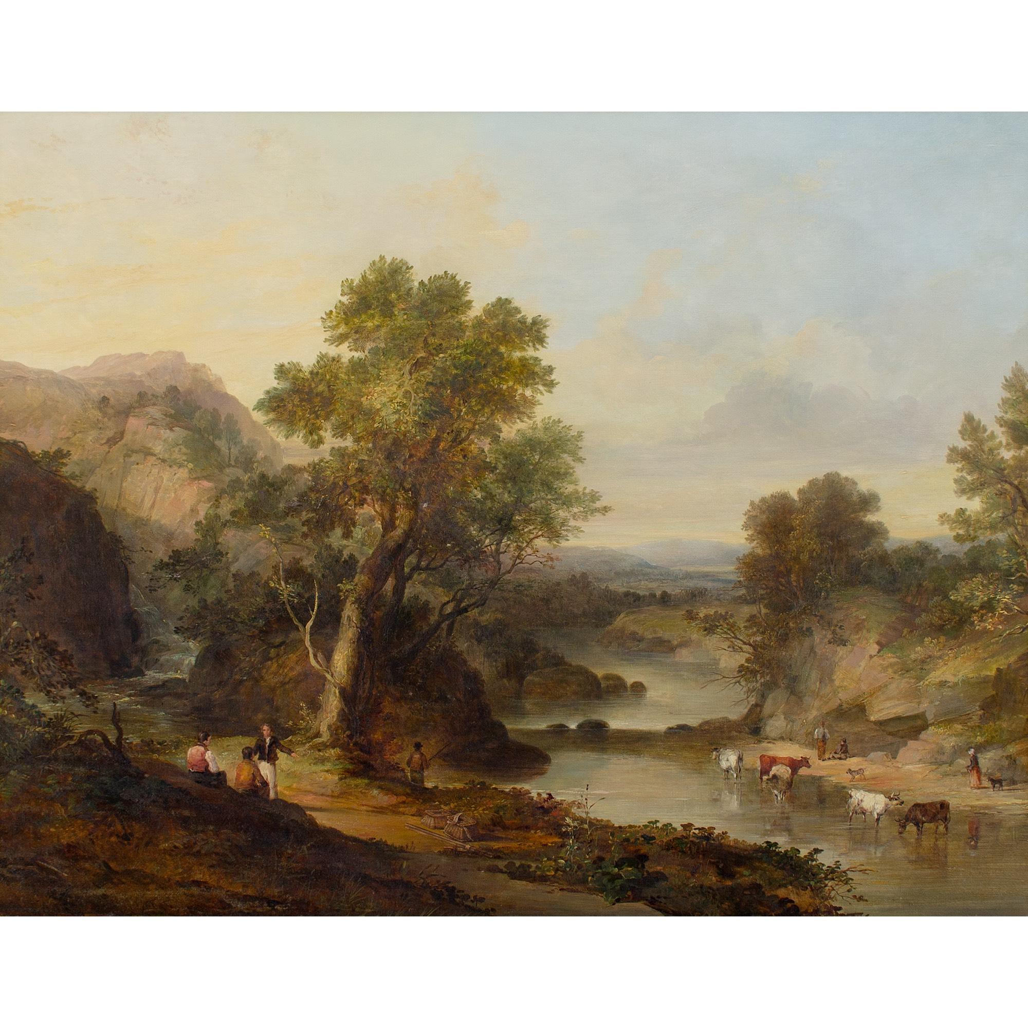William Traies (attribuito), Paesaggio fluviale con cascata e figure in Woods Williams in vendita 1