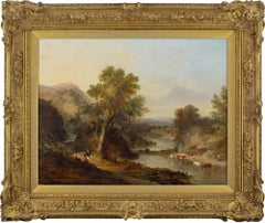 William Traies (Atribuido), Paisaje fluvial arbolado con cascada y figuras