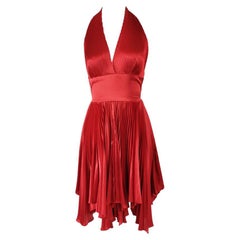 William Travilla Vintage Red Pleated Satin Halterneck Party Evening Dress, 1970s