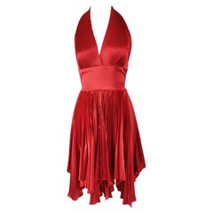 William Travilla Vintage Red Pleated Satin Halterneck Party Evening Dress, 1970s