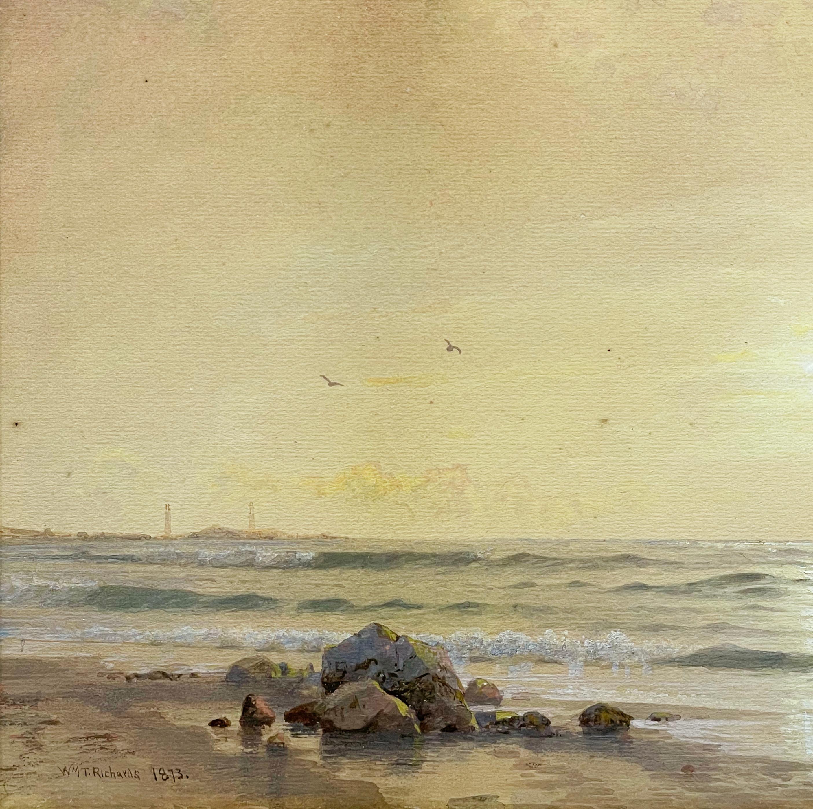 Twin Lights de Thacher Island, Connecticut - Beige Landscape Painting par William Trost Richards