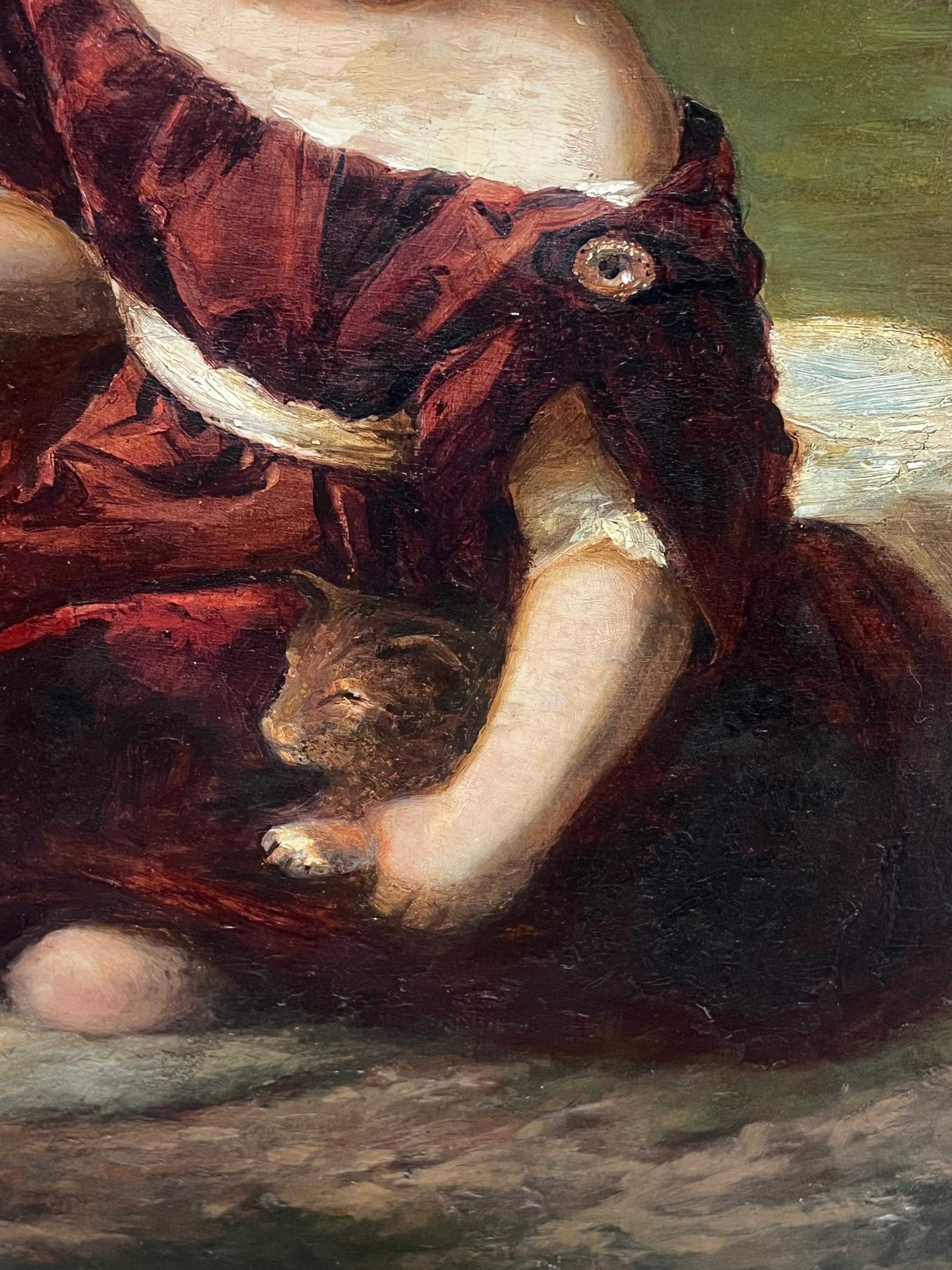 Escena pastoral victoriana Niños con mascota Cordero y gato Óleo grande del siglo XIX en venta 6