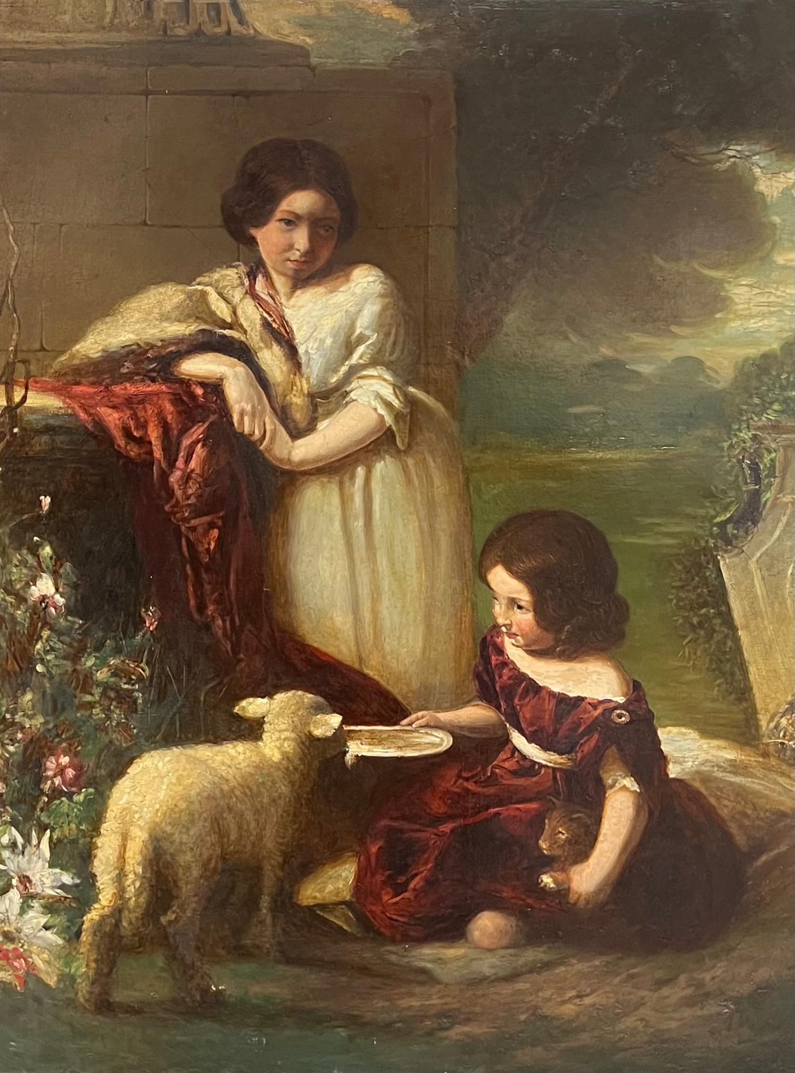 Escena pastoral victoriana Niños con mascota Cordero y gato Óleo grande del siglo XIX - Painting de William Underhill