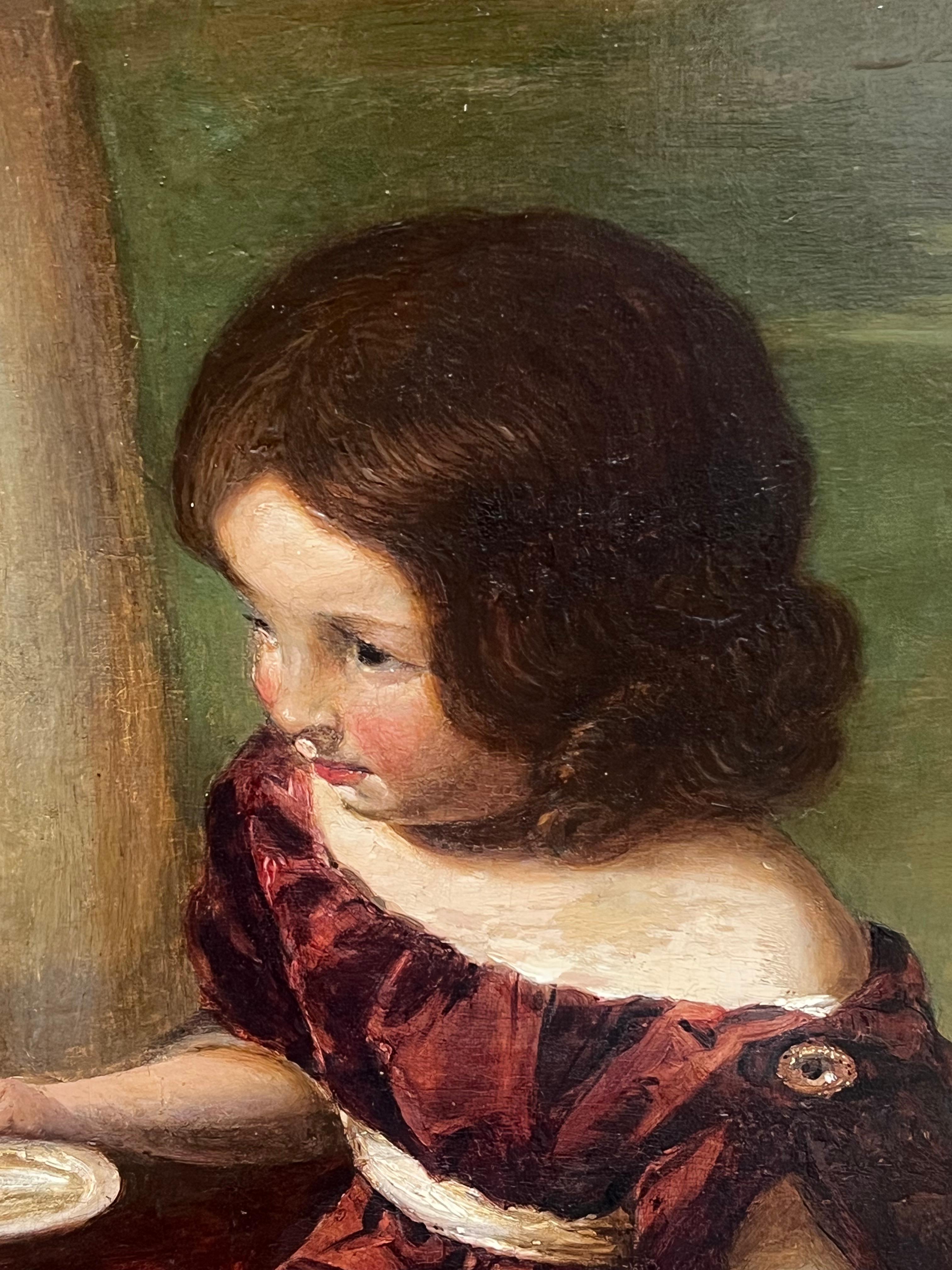 Escena pastoral victoriana Niños con mascota Cordero y gato Óleo grande del siglo XIX - Figurative Painting Marrón de William Underhill