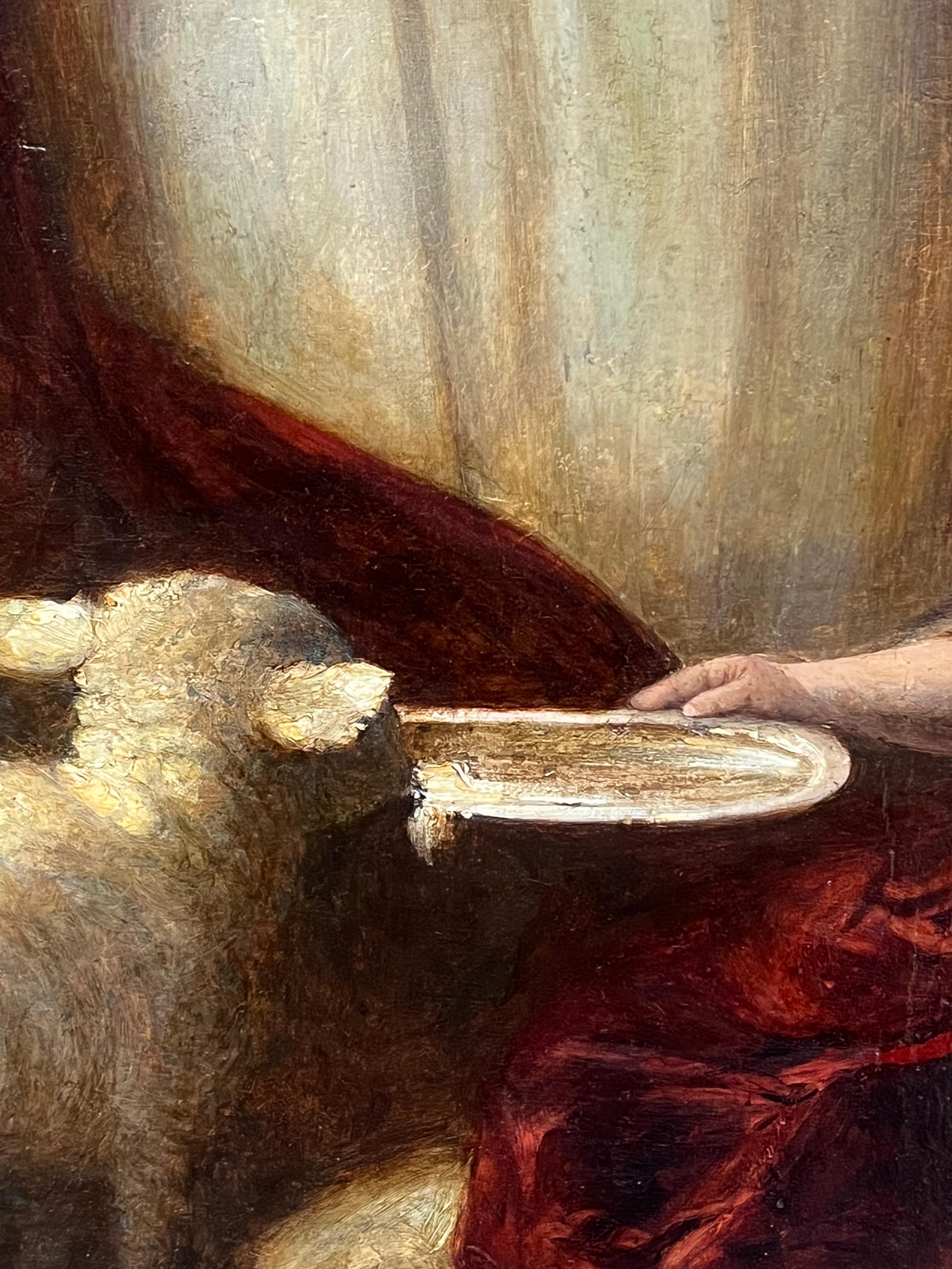 Alimentar al Cordero
de William Underhill ( 1808-1908) Británico 
firmado y fechado en 1847
Inscrito en un verso de etiqueta ' Abuela ( Clementine Cooper) alimentando al cordero con su hermana Ellon Butler que no se casó'

óleo sobre lienzo,