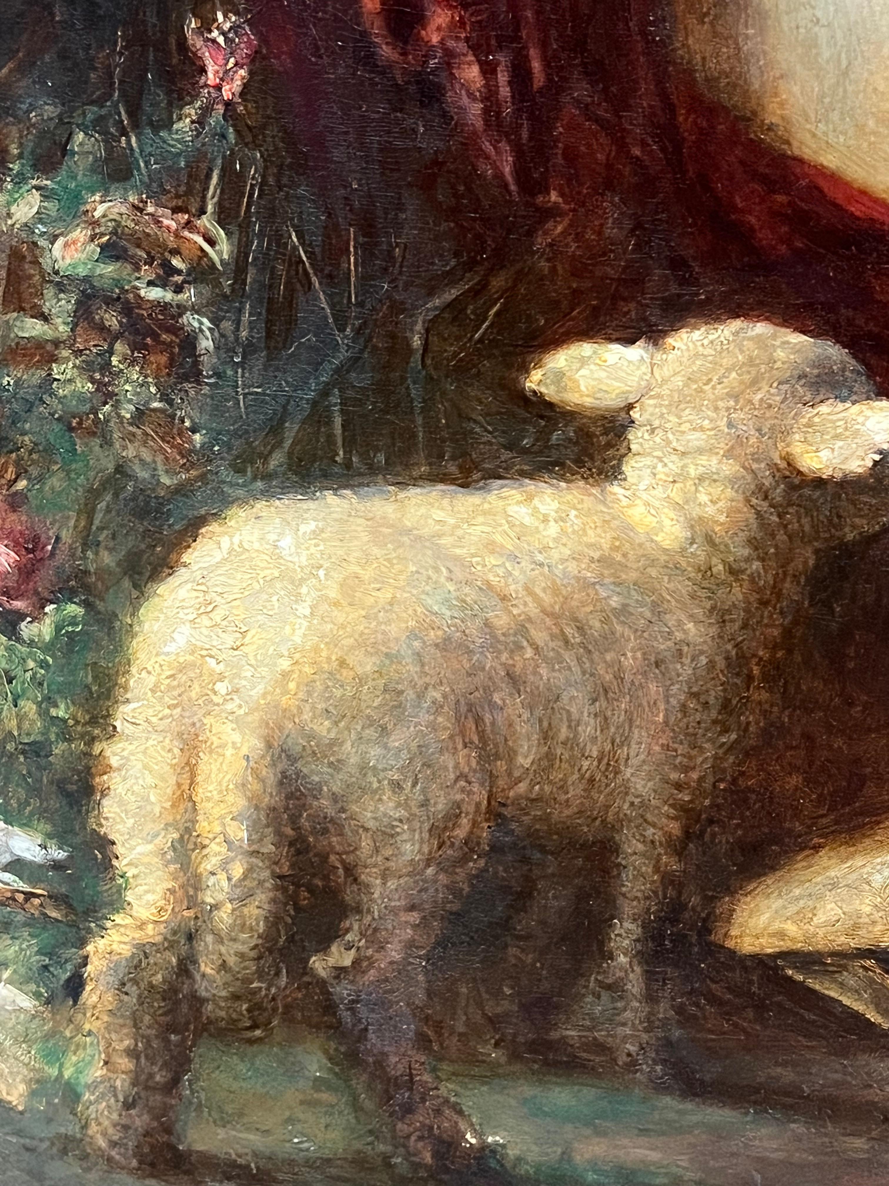 Escena pastoral victoriana Niños con mascota Cordero y gato Óleo grande del siglo XIX en venta 1