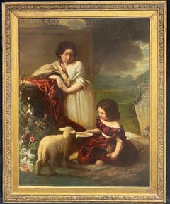 Victorian Pastoral Scene Children with Pet Lamb & Cat 19th-Century Large Oil
