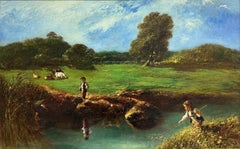 Tranquil Victorian Pastoral Landscape Cattle in Meadows Children Fishing Stream