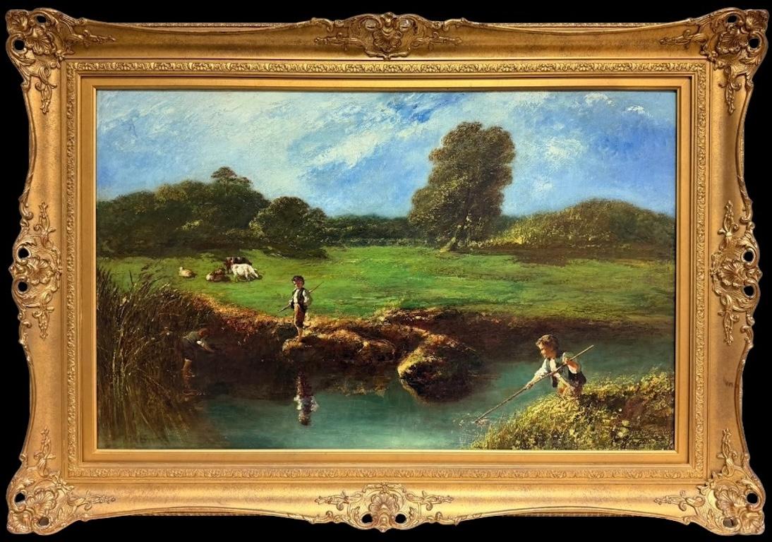 Tranquil Victorian Pastoral Landscape Cattle in Meadows Children Fishing Stream