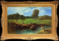 Tranquil Victorian Pastoral Landscape Cattle in Meadows Children Fishing Stream