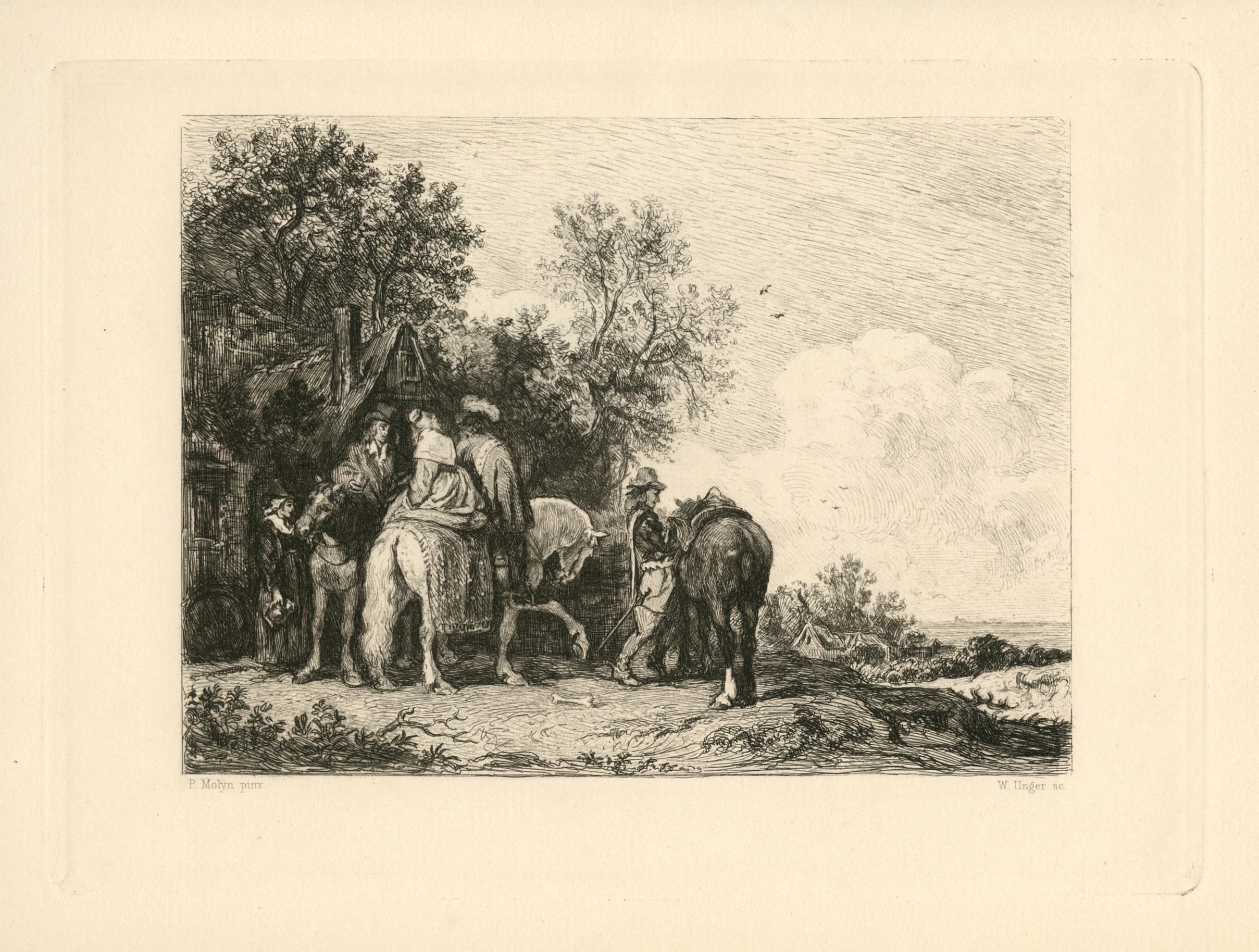 "Travellers before an Inn" etching - Print by William Unger