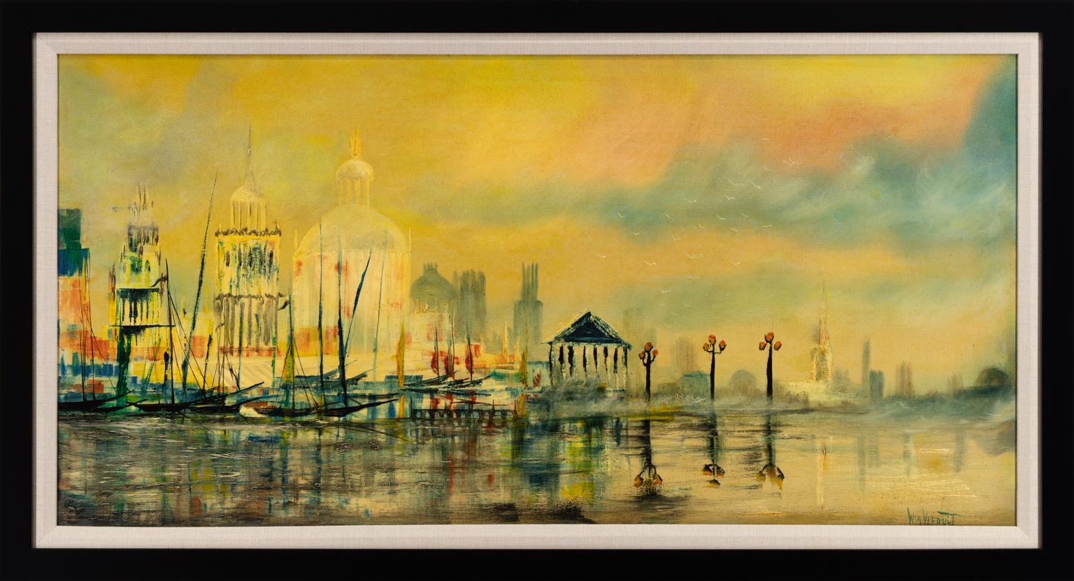 WILLIAM VERDULT – Untitled [VENETIAN REFLECTIONS]
Oil on Canvas ⚜ Signed Lower Right ⚜ Custom Conservation Frame

A DREAMLIKE IMAGINING OF VENICE AT SUNSET
[Venetian Reflections] showcases William Verdult’s signature approach to mood and atmosphere,