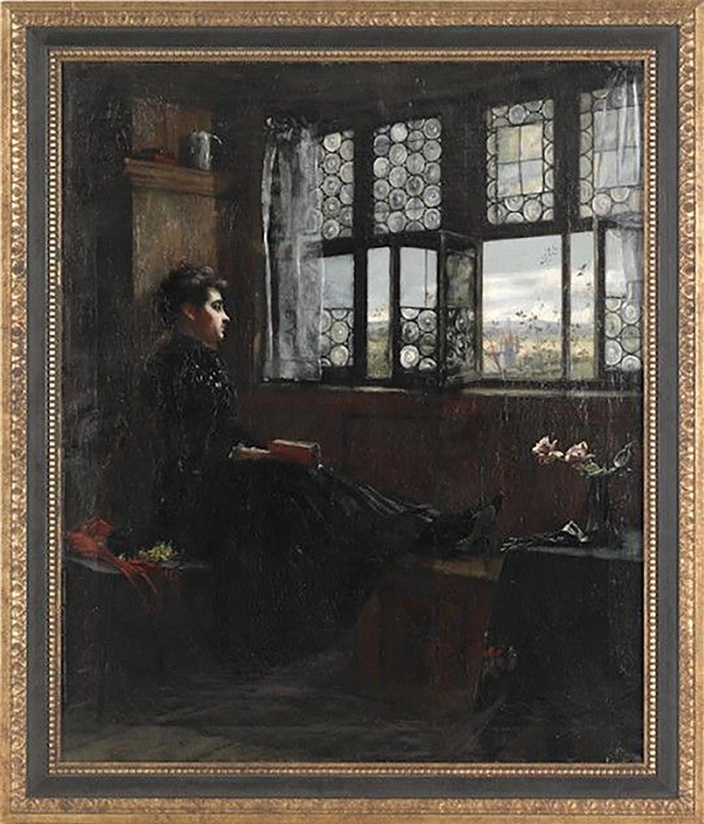 Interior Scene of a Woman in Black Gazing Out a Window - Painting by William Verplank Birney