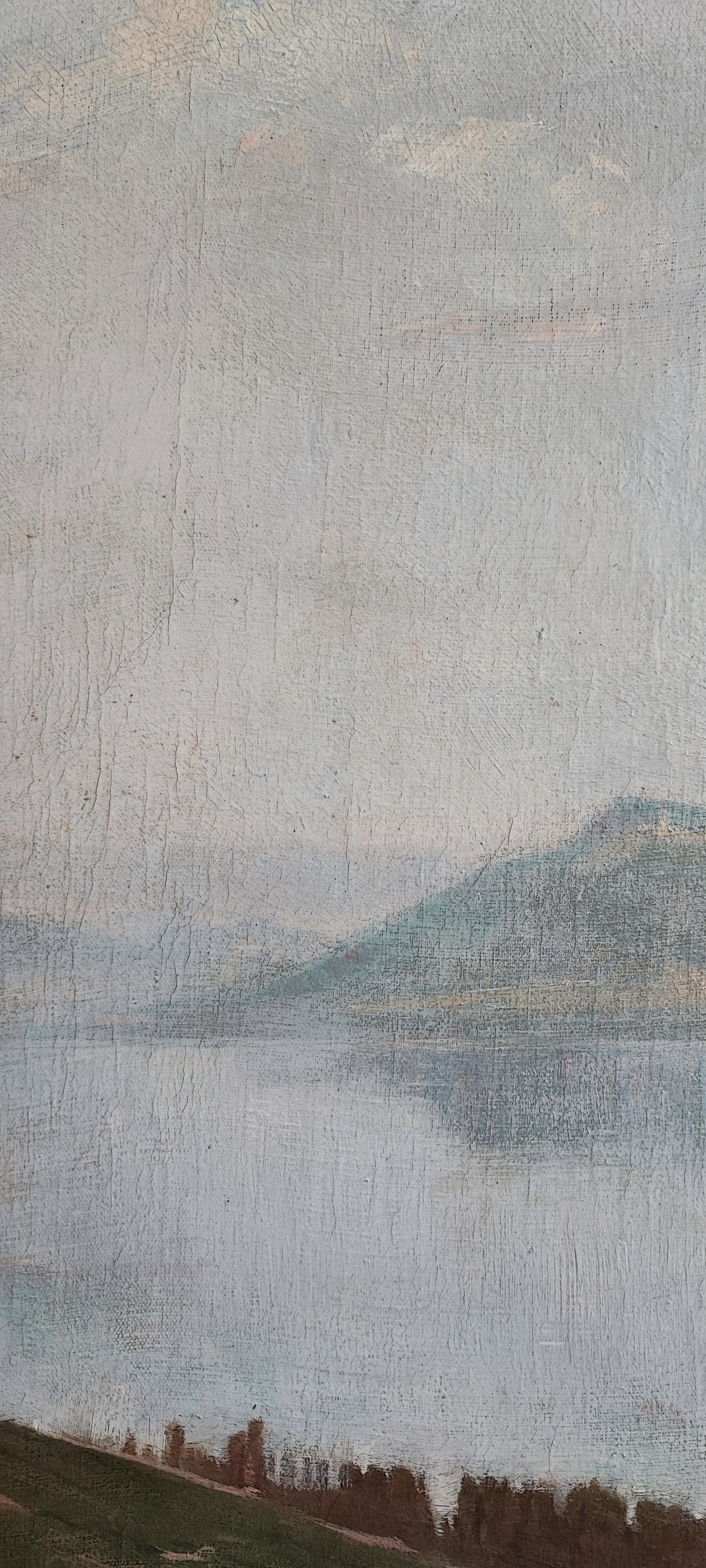 View of the lake in the heights of Vully - Gray Landscape Painting by William Victor Aubert