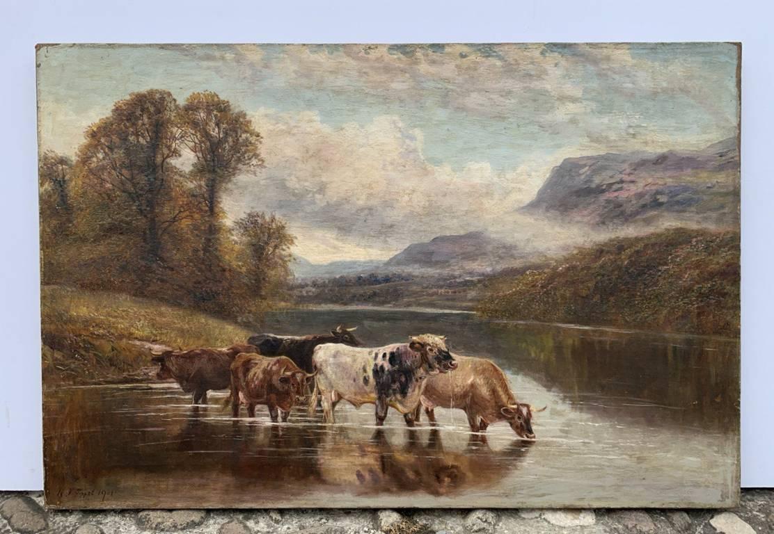William Tippett (Naturaliste britannique) - Peinture de paysage du 19ème siècle - Vaches - Brown Landscape Painting par  William Vivian Tippett
