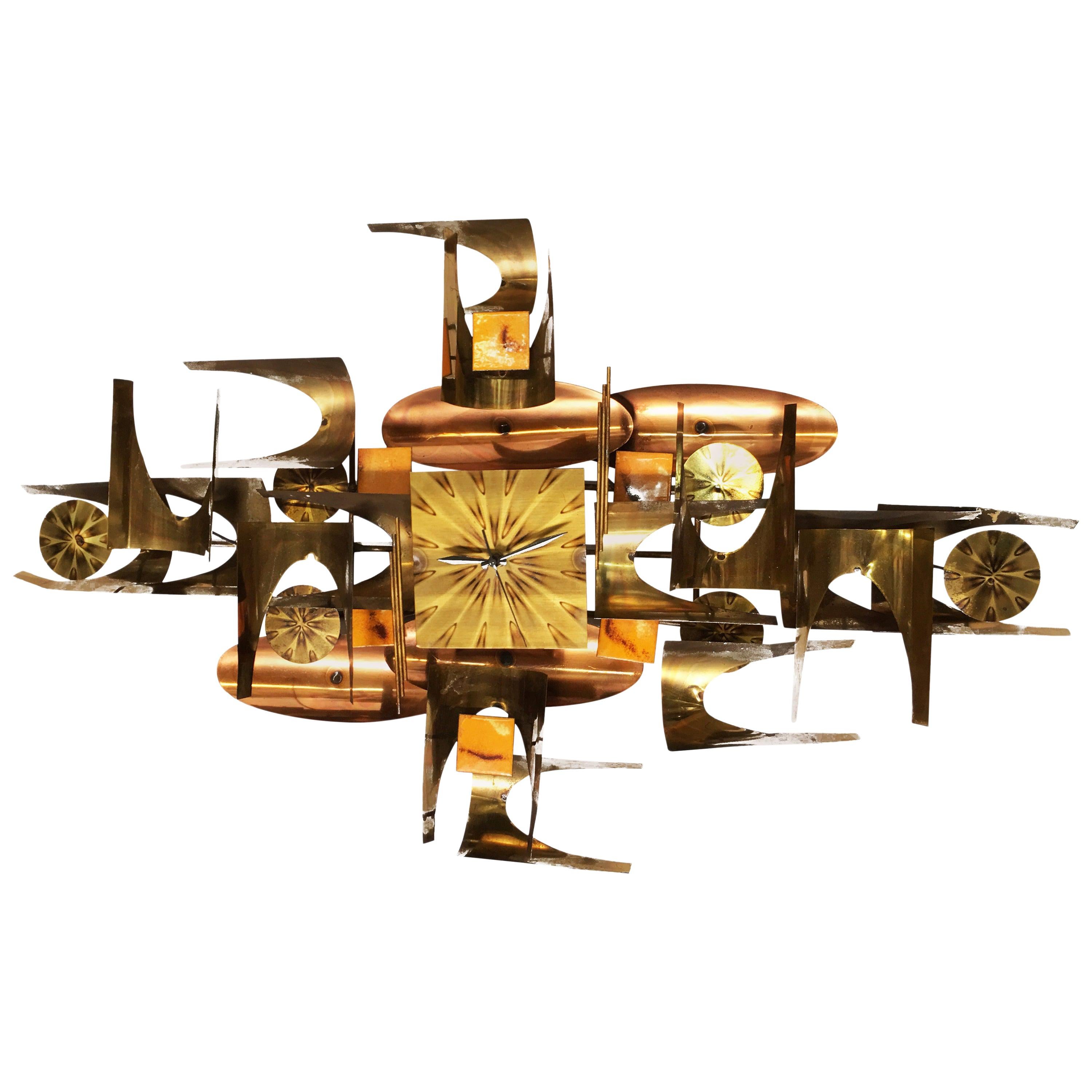 William Vose for Curtis Jere Brass and Copper Brutalist Wall Sculpture Clock